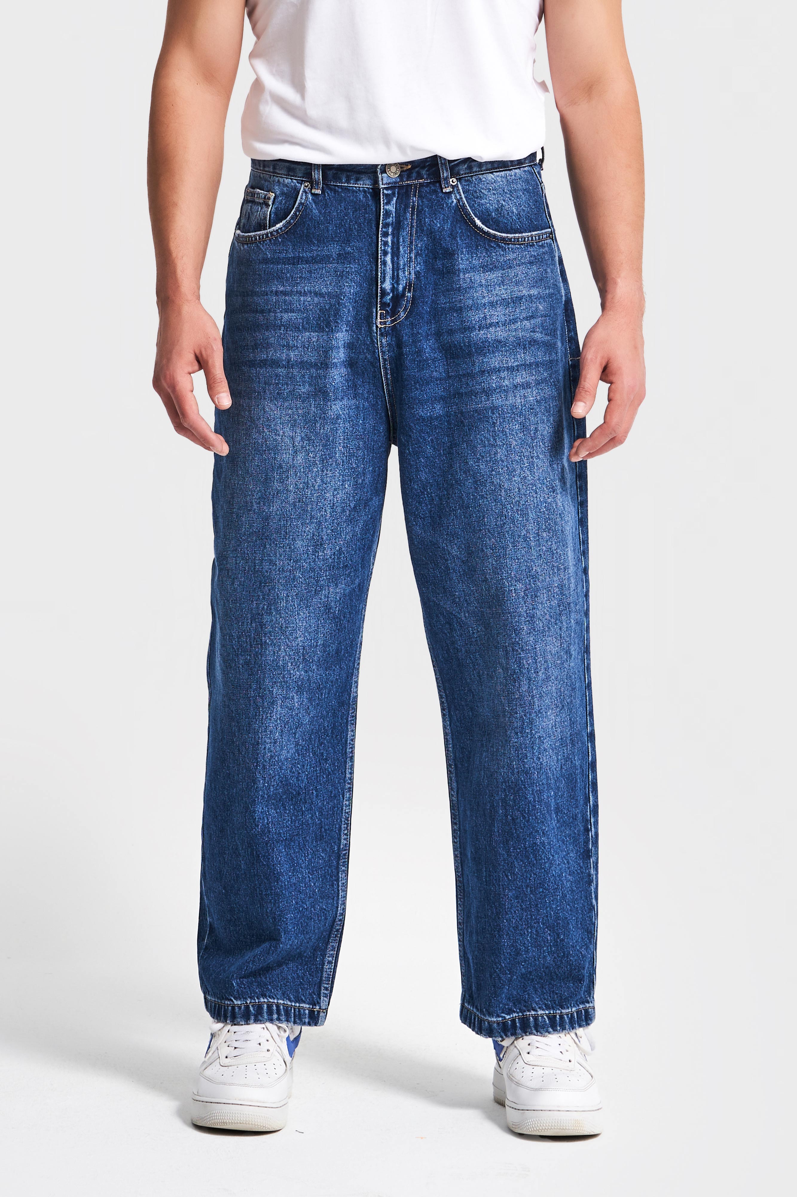 Erkek Koyu Mavi Renk 3w5-5 Loose Baggy Fit Bol Kesim Cep Nakış Detaylı Denim Jean