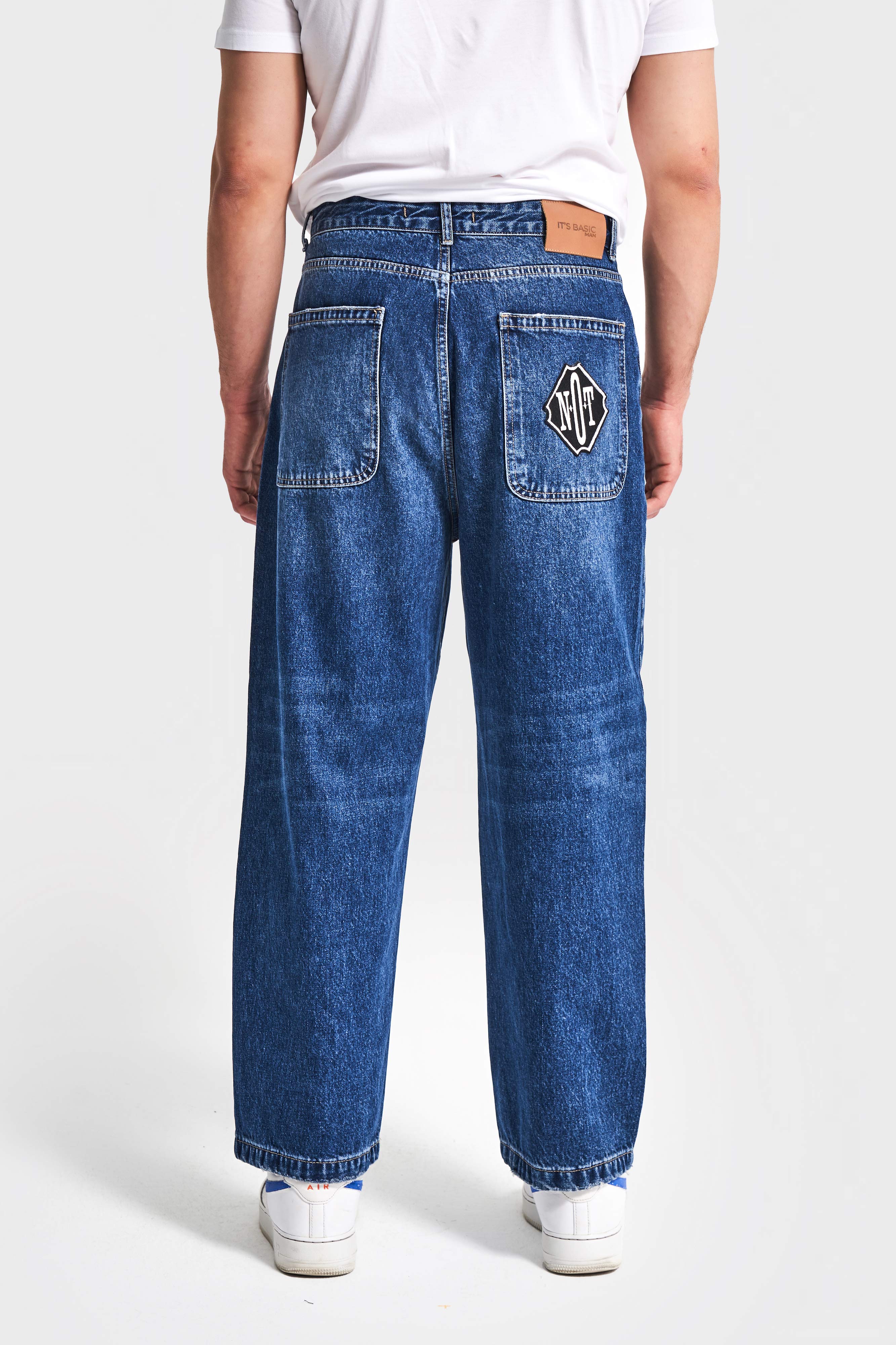 Erkek Koyu Mavi Renk 3w5-5 Loose Baggy Fit Bol Kesim Cep Nakış Detaylı Denim Jean