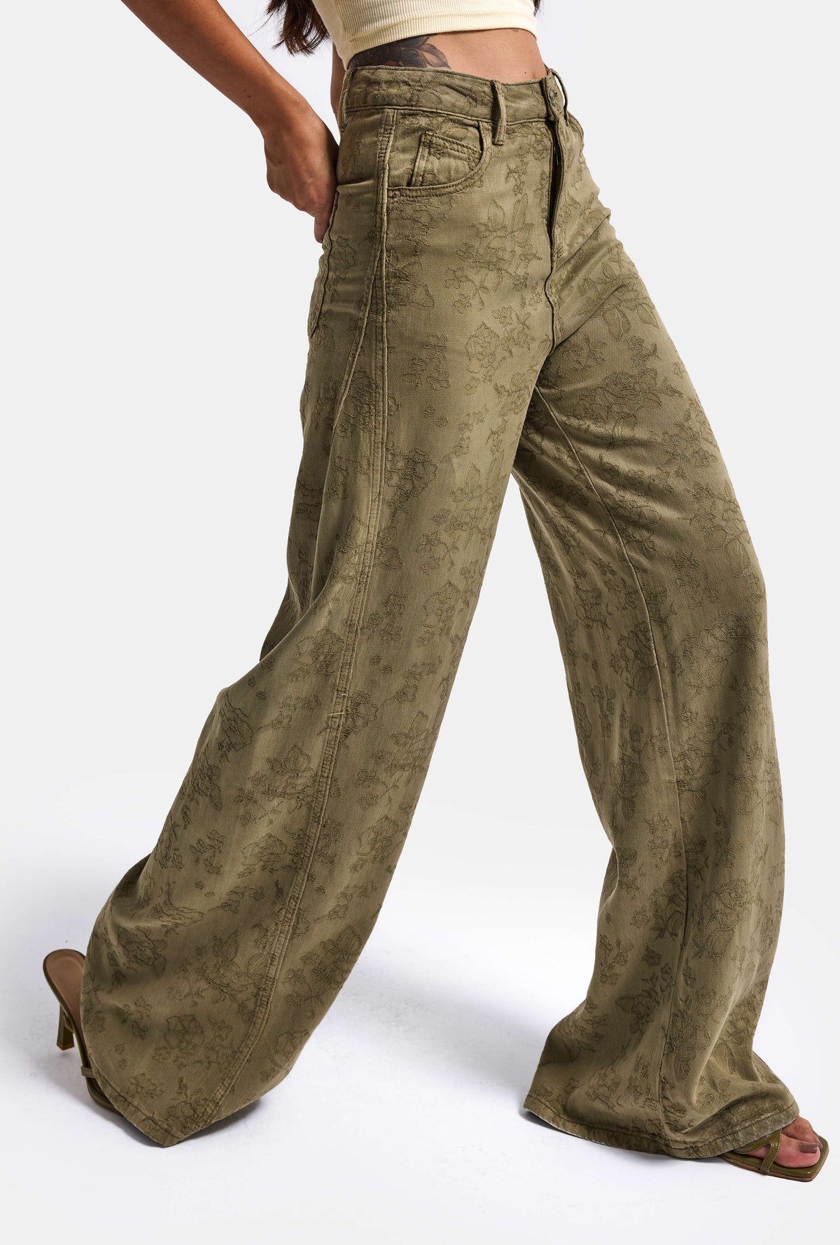 Kadın Haki Palazzo Fit T15T Özel Desenli Kumaş Tasarım Denim Jean