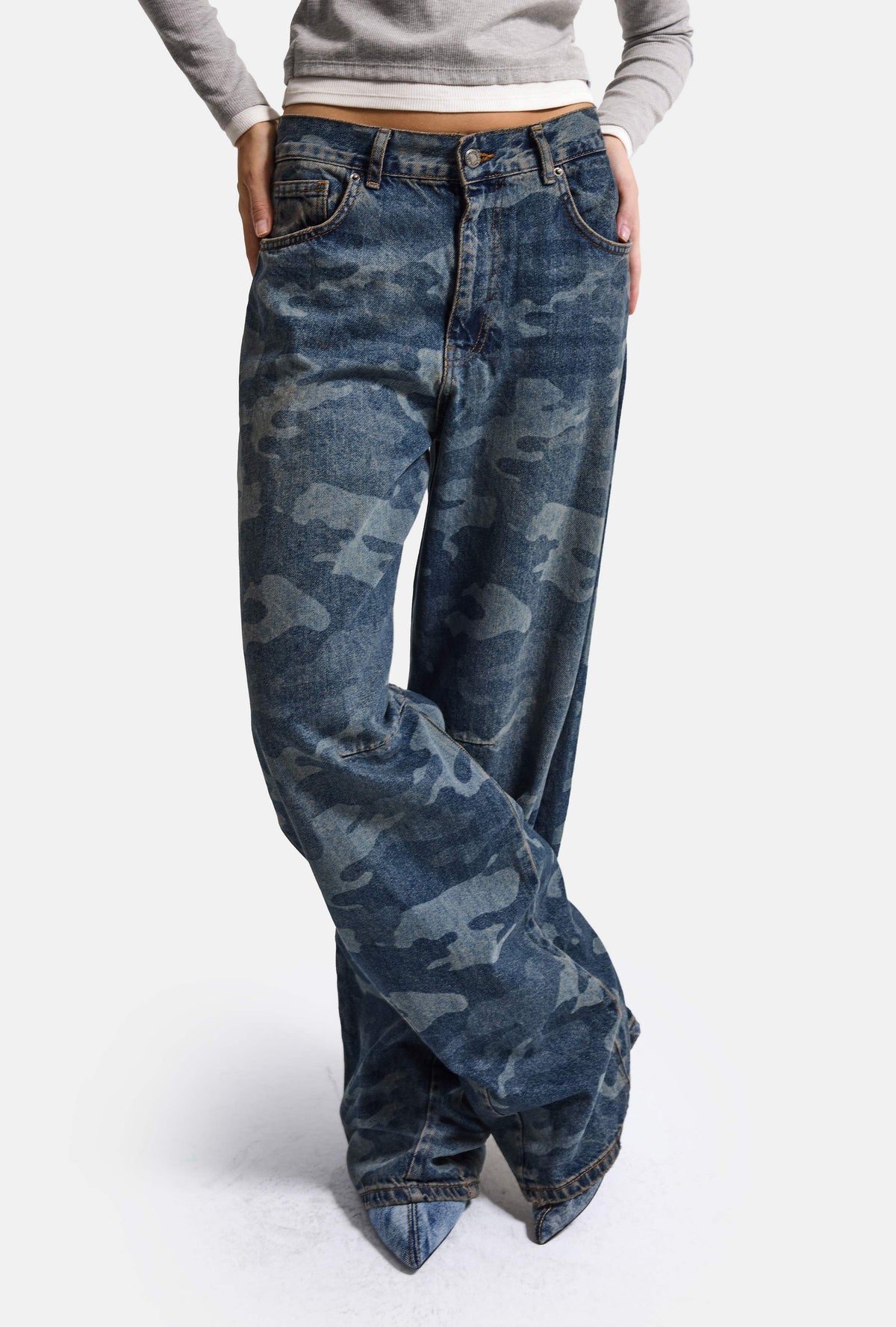 Kadın 10w6-6 Baggy Fit Özel Kamuflaj Desen Tasarım Denim Jean