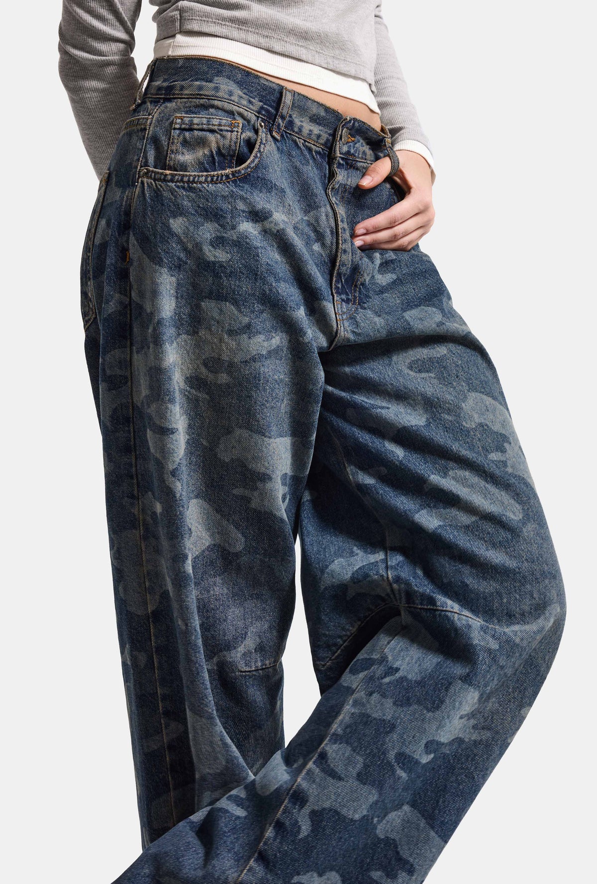 Kadın 10w6-6 Baggy Fit Özel Kamuflaj Desen Tasarım Denim Jean