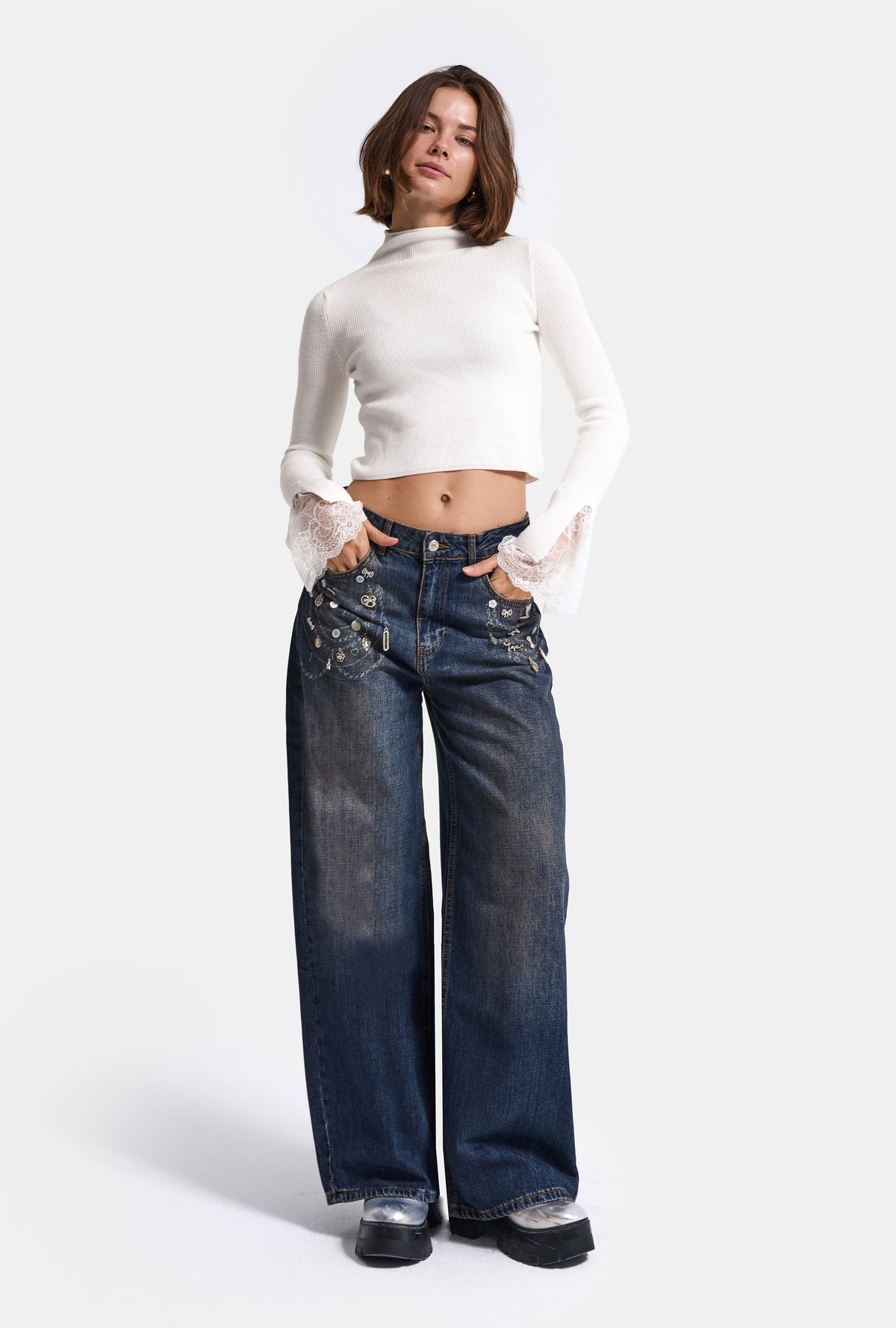 Kadın 10w6-9 Mega Baggy Aksesuar Detaylı Tasarım Denim Jean