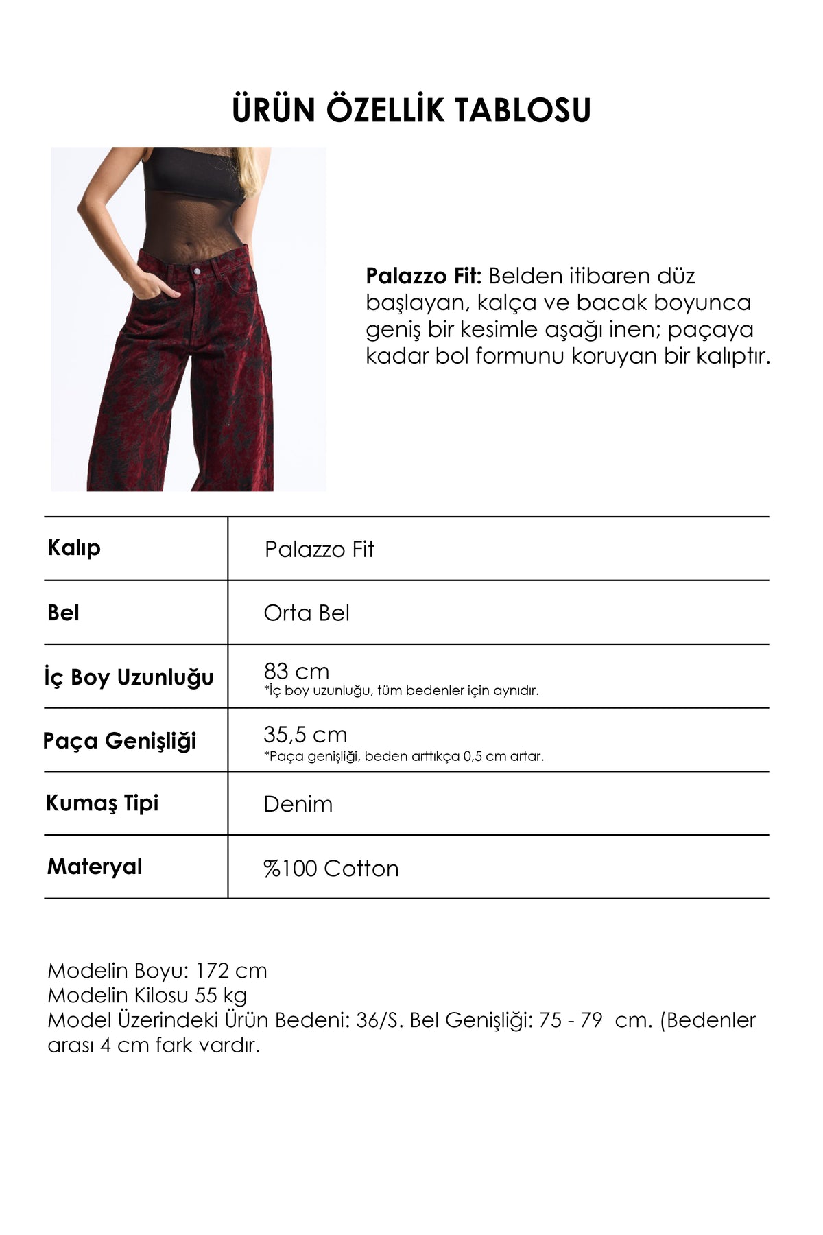 Kadın 1w6-35 Palazzo Fit Özel Desen Tasarım Kumaş Denim Jean
