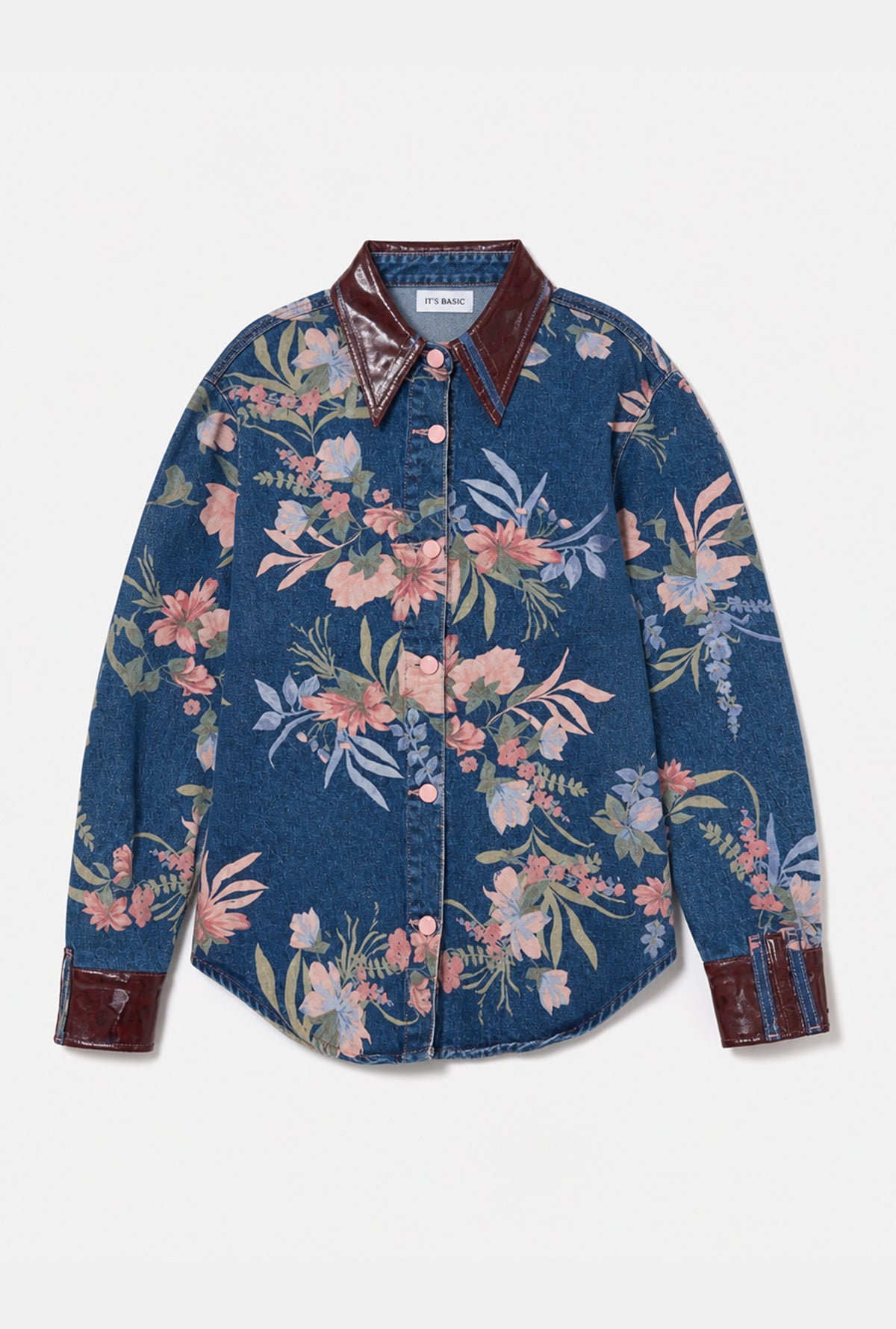 Kadın 1w6-4 Oversize Çiçek baskılı Deri Detaylı Özel tasarım Denim Ceket Gömlek