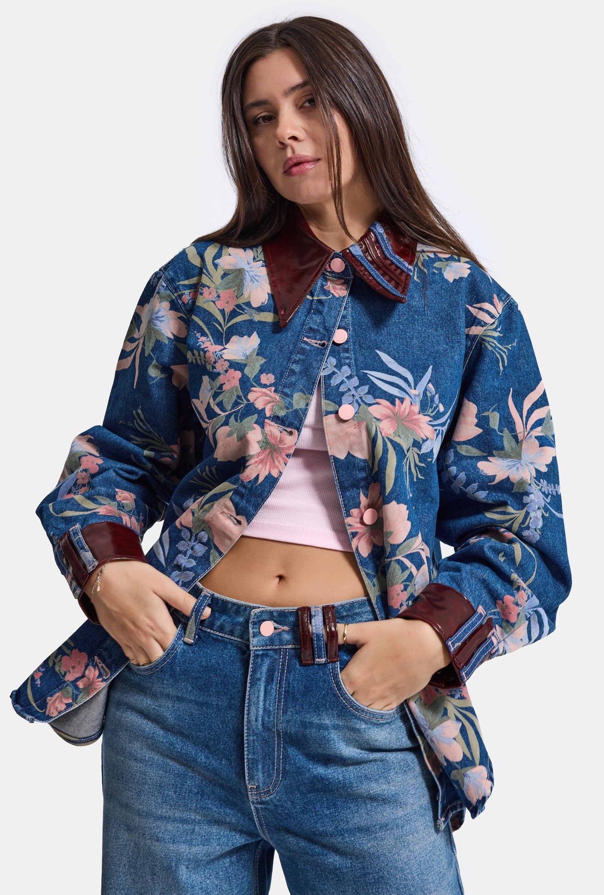 Kadın 1w6-4 Oversize Çiçek baskılı Deri Detaylı Özel tasarım Denim Ceket Gömlek
