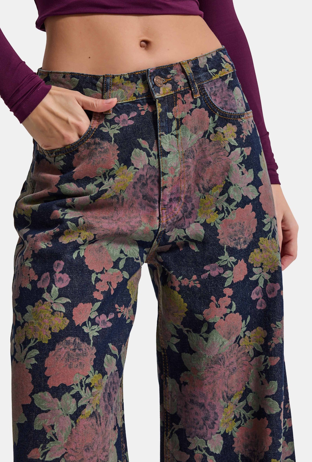Kadın 1w6-98 Mega Baggy Çiçek Desen Özel Kumaş Denim Jean