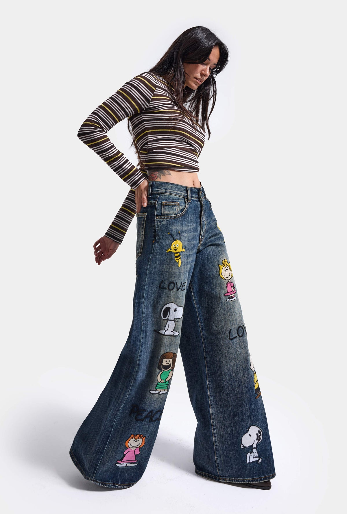 Kadın 2w6-11 Wide Leg Palazzo Nakış Özel Tasarım Denim Jean