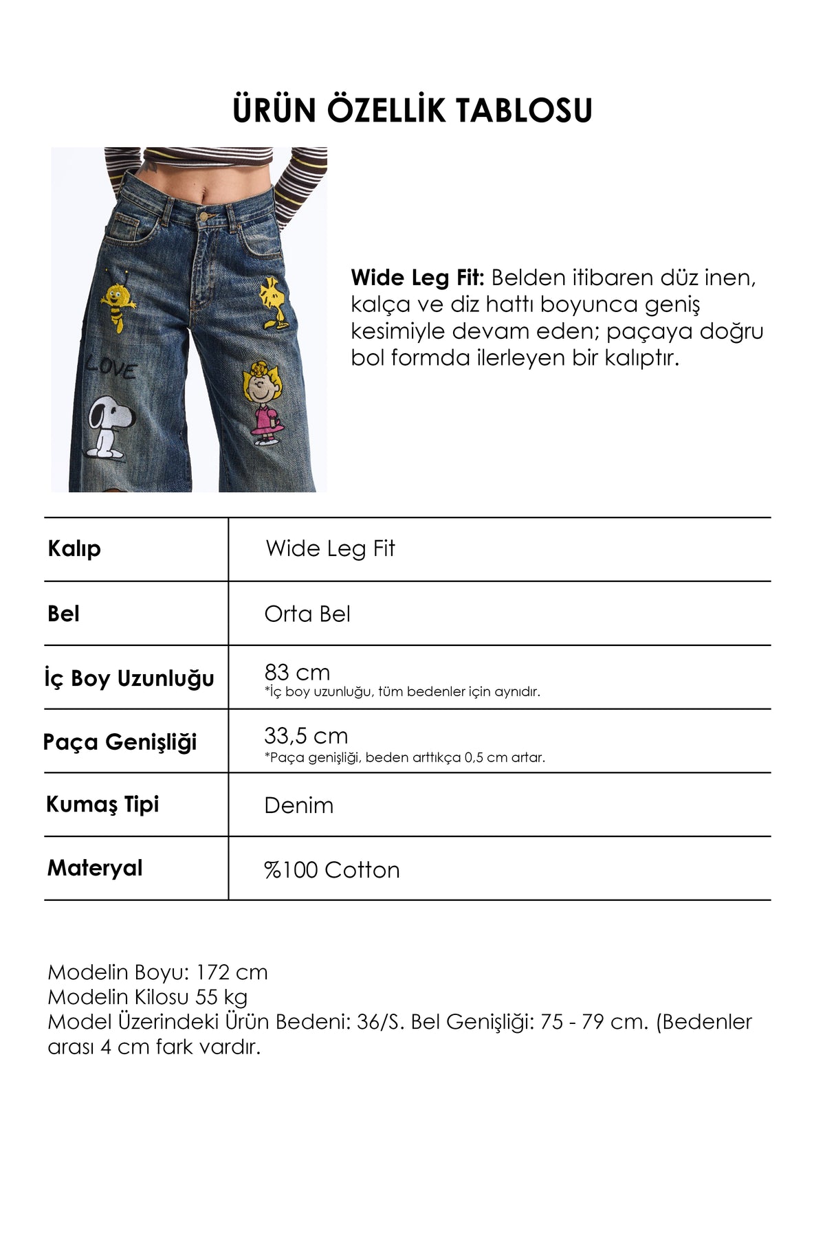 Kadın 2w6-11 Wide Leg Palazzo Nakış Özel Tasarım Denim Jean