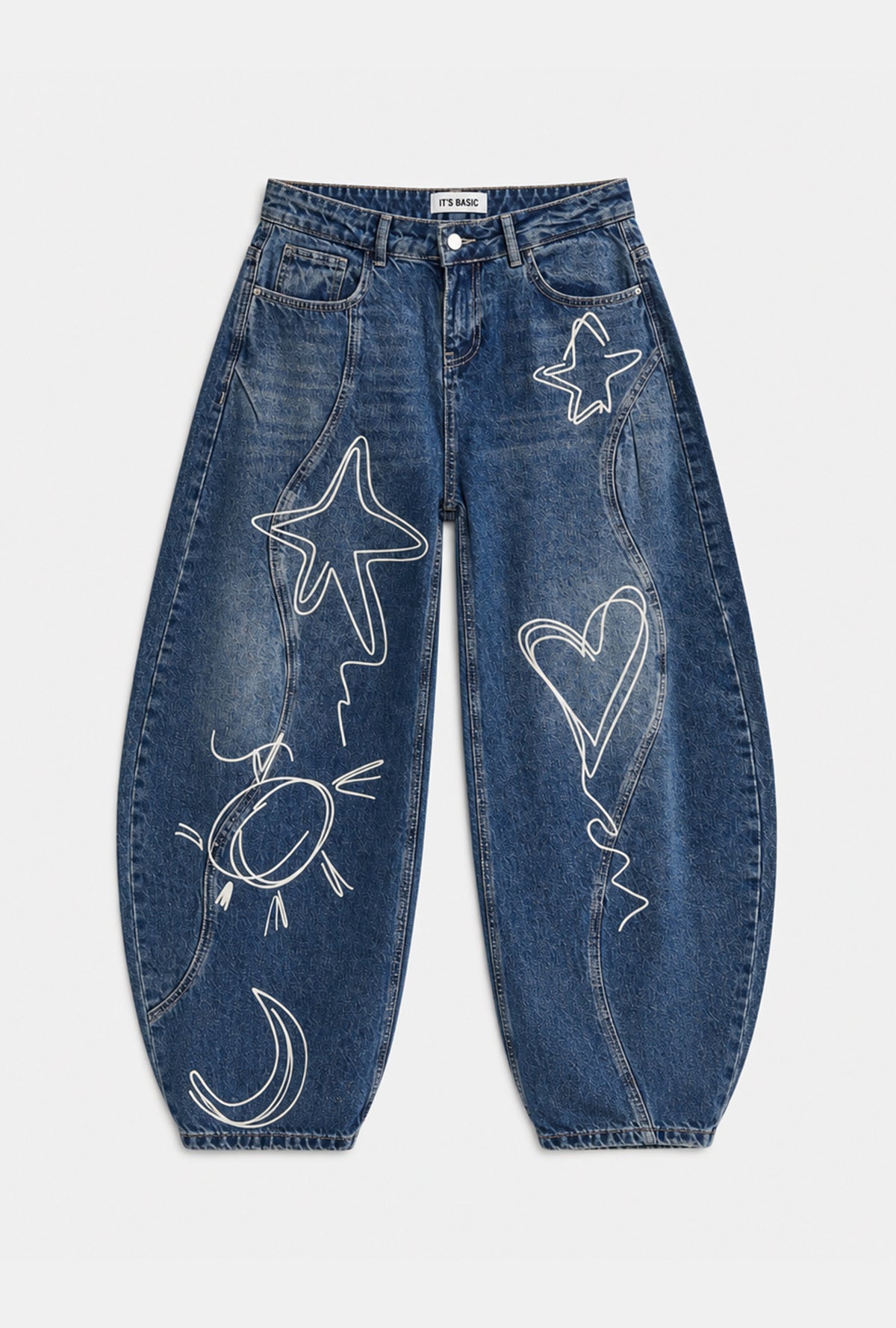 Kadın 2w6-5 Baggy Balloon Nakış Özel Tasarım Denim Jean