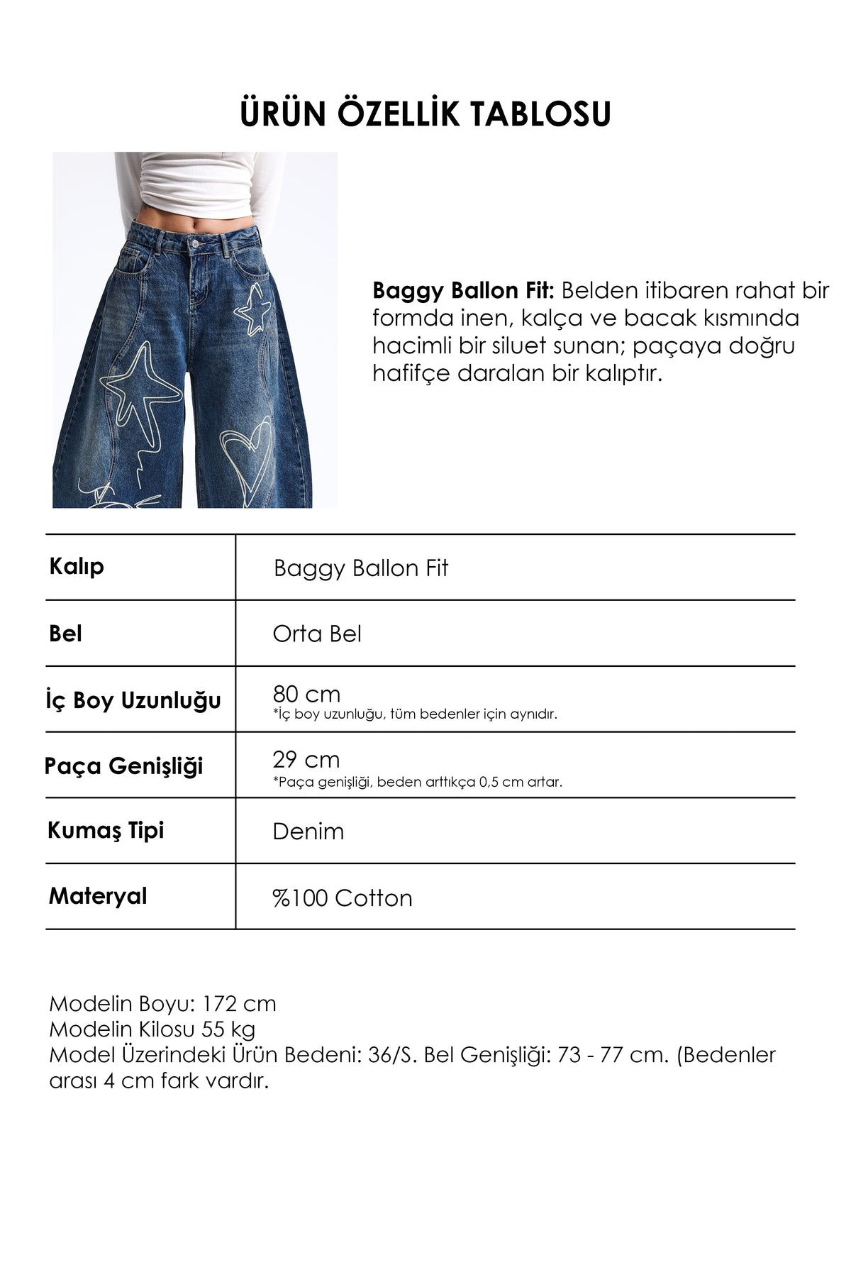 Kadın 2w6-5 Baggy Balloon Nakış Özel Tasarım Denim Jean