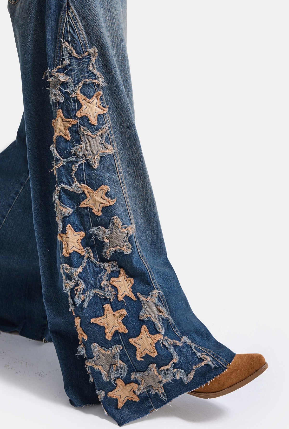 Kadın 2w6-8 Palazzo Fit Özel Yıldız Desen Nakış Tasarım Denim Jean