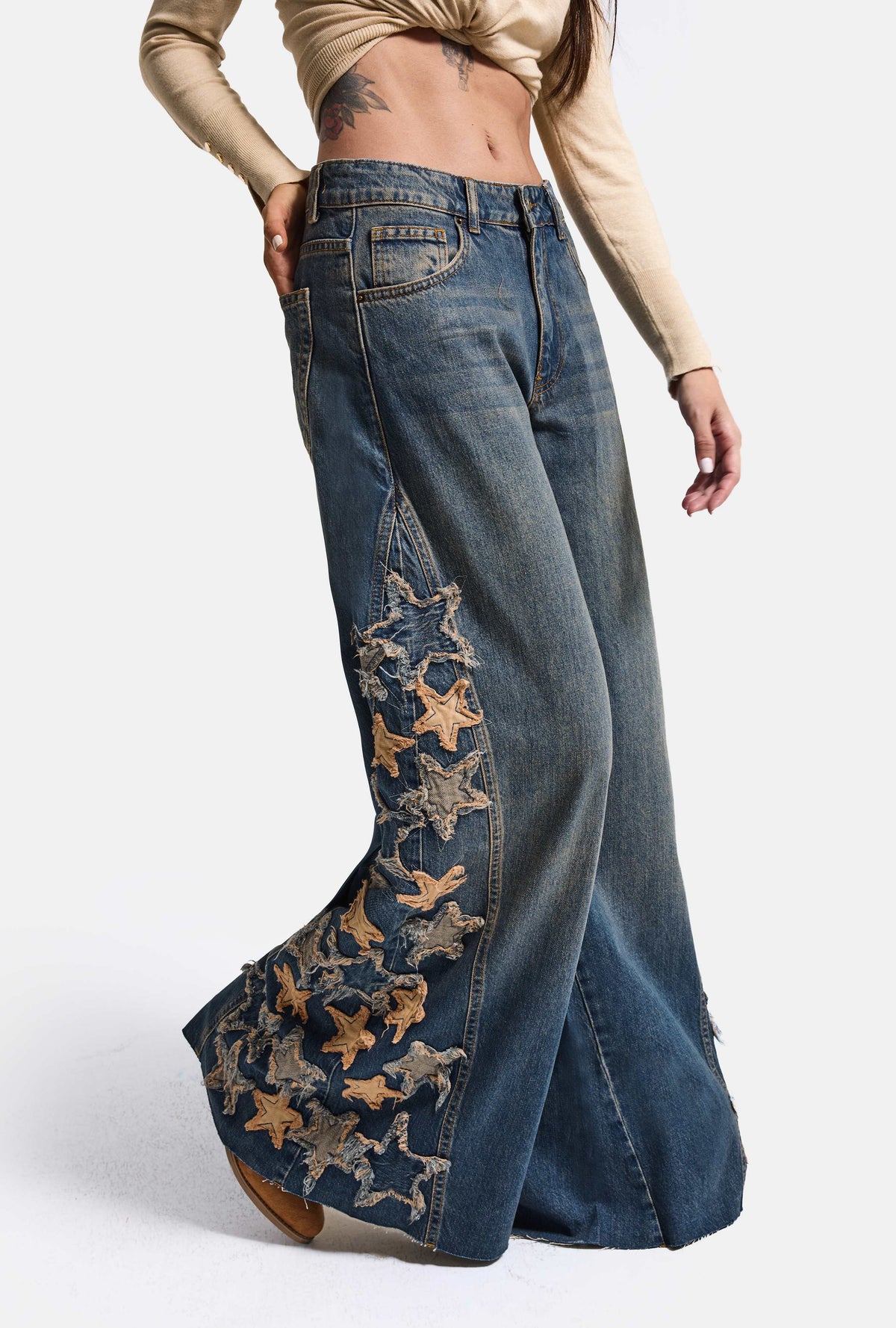 Kadın 2w6-8 Palazzo Fit Özel Yıldız Desen Nakış Tasarım Denim Jean