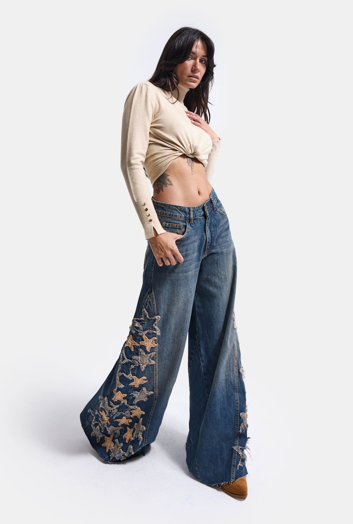 Kadın 2w6-8 Palazzo Fit Özel Yıldız Desen Nakış Tasarım Denim Jean