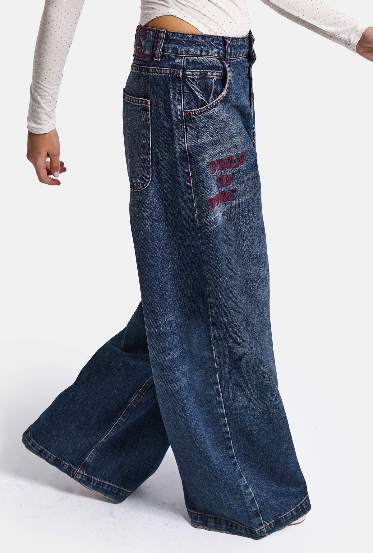 Kadın 2w6-8 Straight Baggy Nakış Detaylı Tasarım Denim Jean
