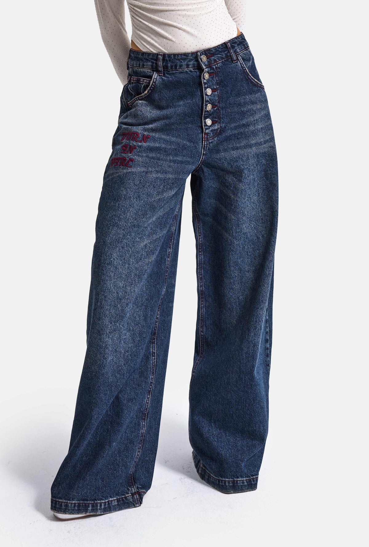 Kadın 2w6-8 Straight Baggy Nakış Detaylı Tasarım Denim Jean