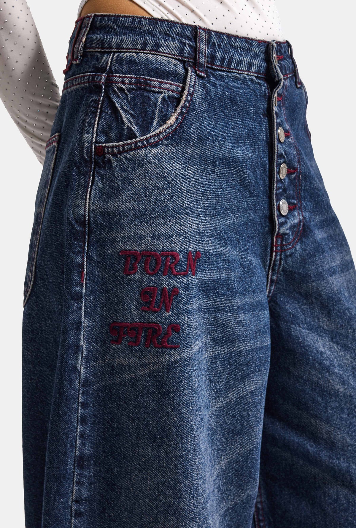 Kadın 2w6-8 Straight Baggy Nakış Detaylı Tasarım Denim Jean