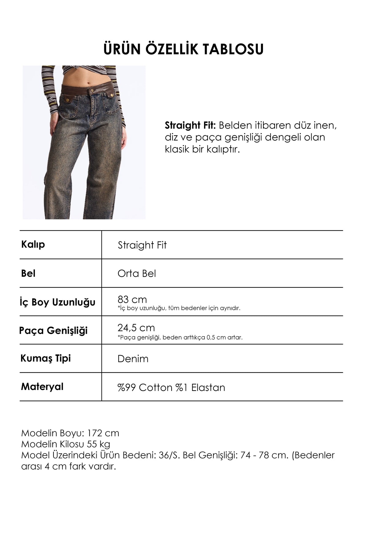 Kadın 2w6-8 Straight Fit Deri Kemer Detaylı Özel Tasarım Denim Jean