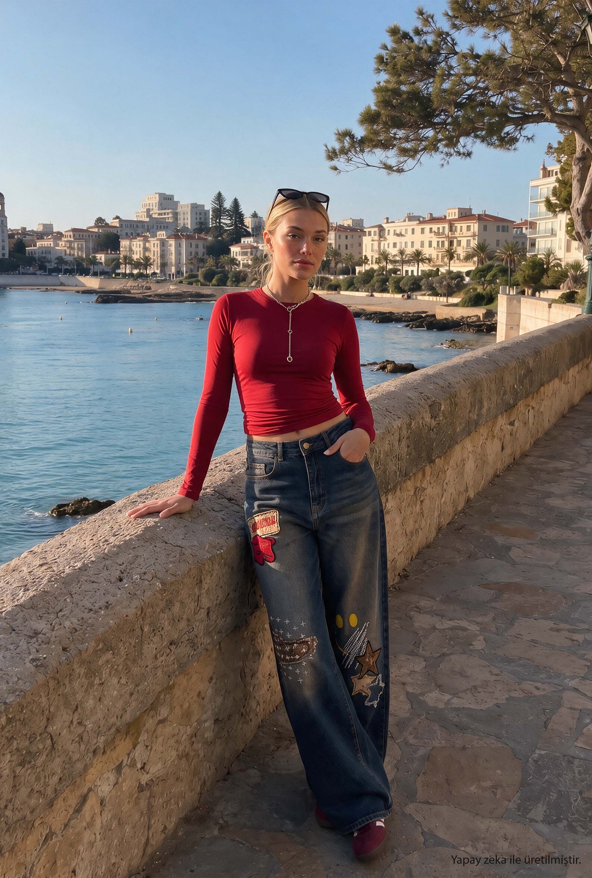 Kadın 2w6-8 Wide Leg Nakış ve Arma Detaylı Özel Tasarım Denim Jean