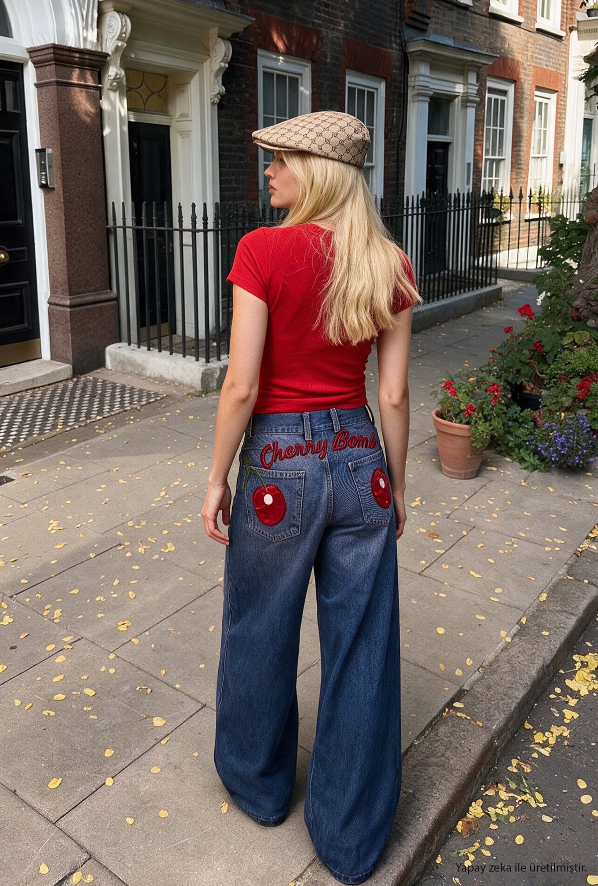 Kadın 2w6-98 Palazzo Fit Cherry Nakış Detaylı Tasarım Denim Jean