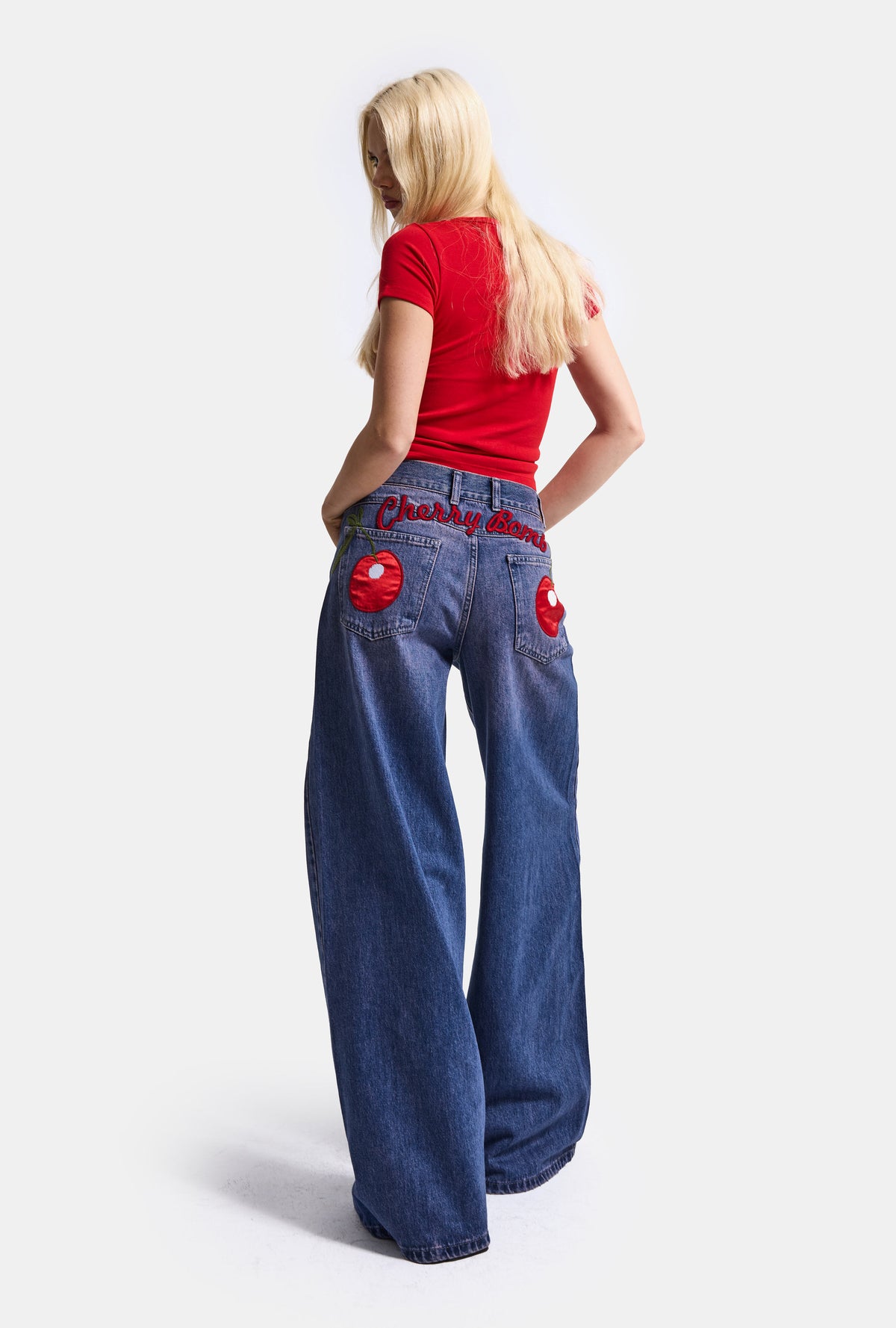 Kadın 2w6-98 Palazzo Fit Cherry Nakış Detaylı Tasarım Denim Jean