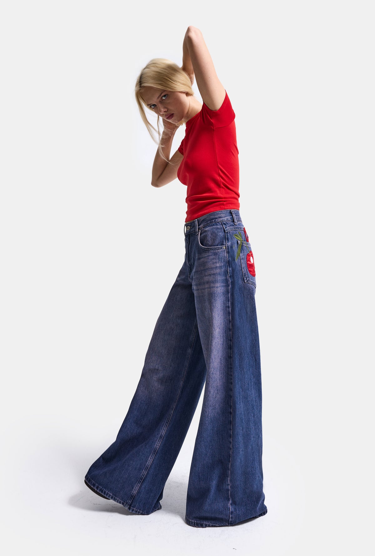Kadın 2w6-98 Palazzo Fit Cherry Nakış Detaylı Tasarım Denim Jean