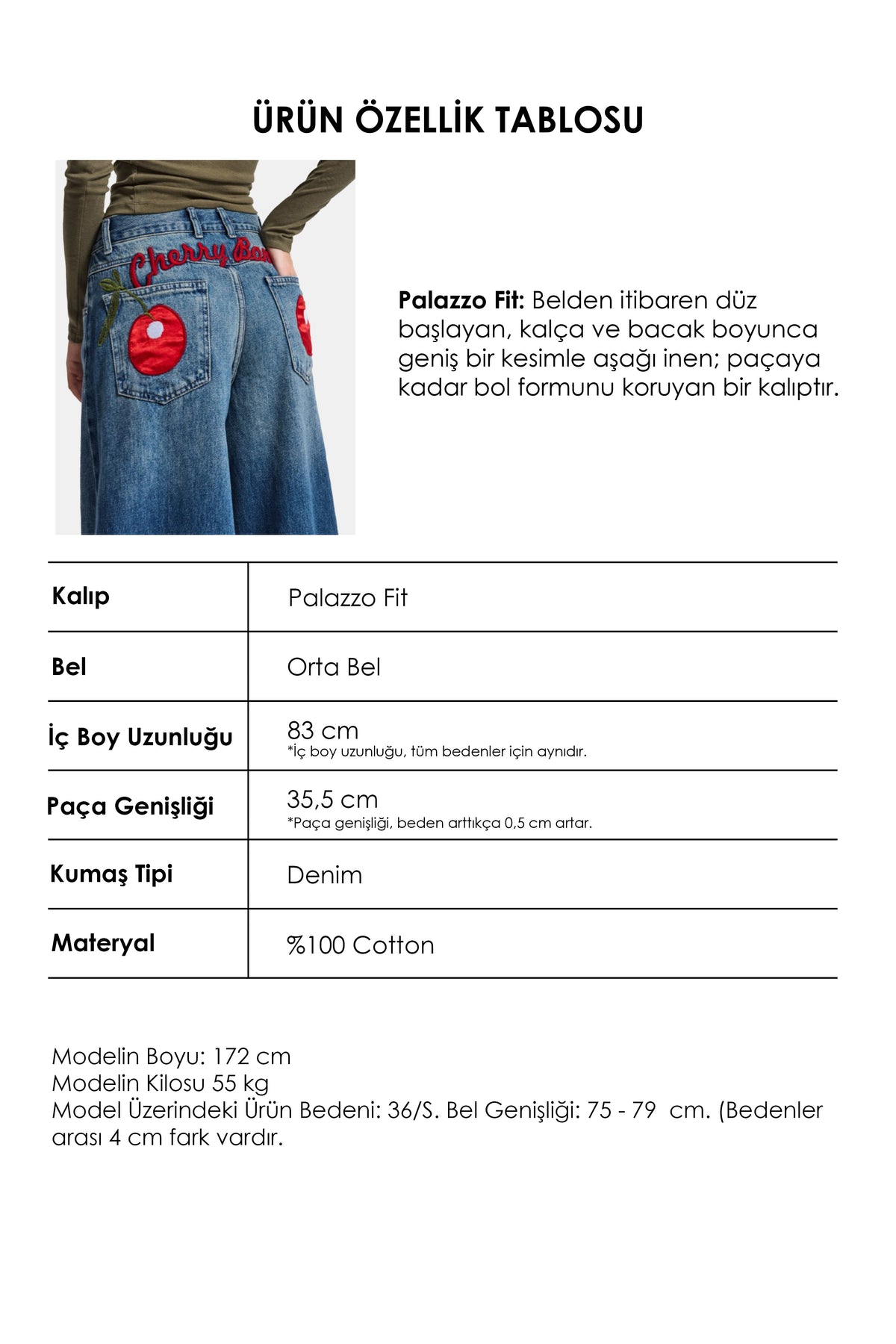 Kadın 2w6-98 Palazzo Fit Cherry Nakış Detaylı Tasarım Denim Jean