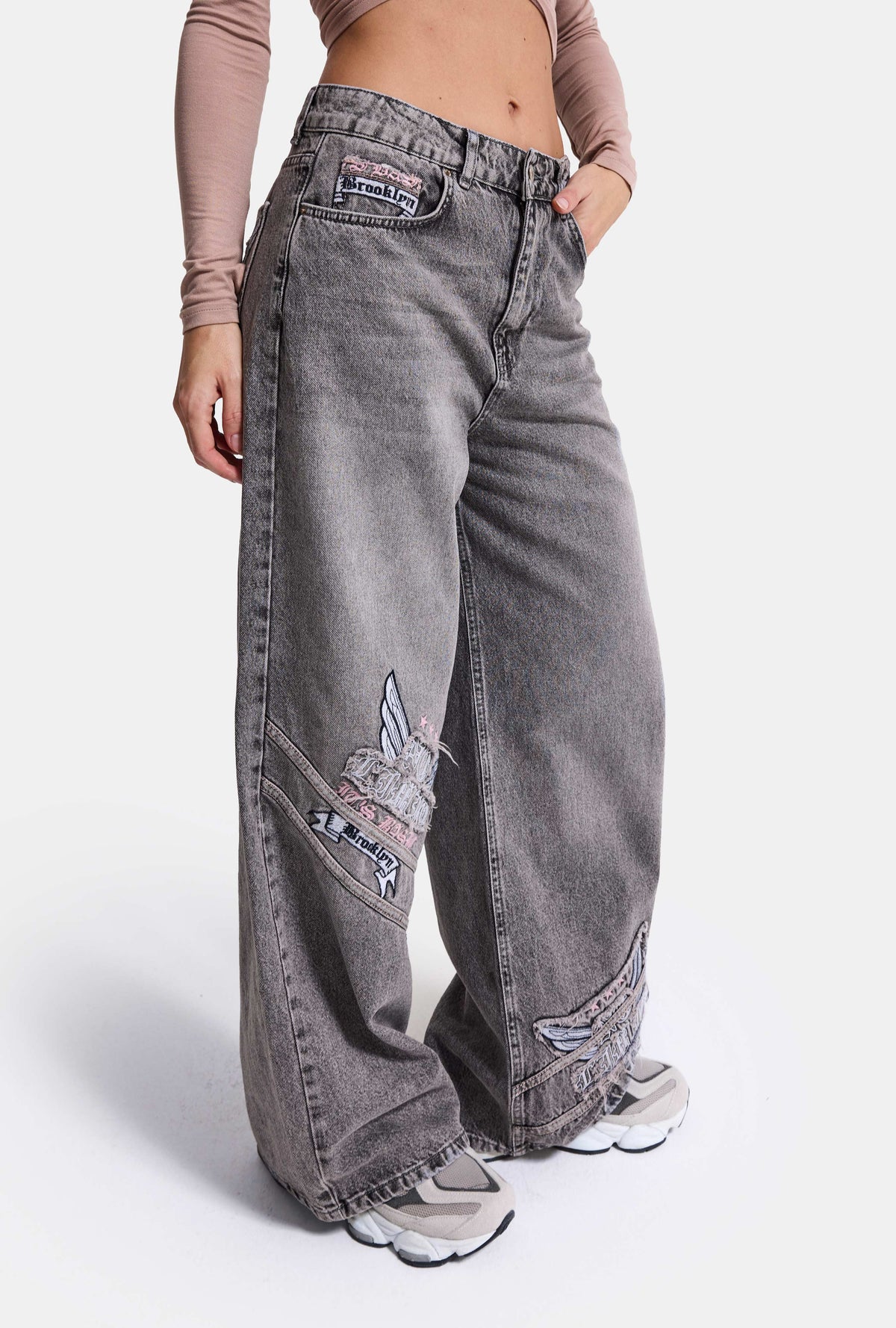 Kadın 4w6-13 Süper Baggy Nakış Tasarım Denim Jean