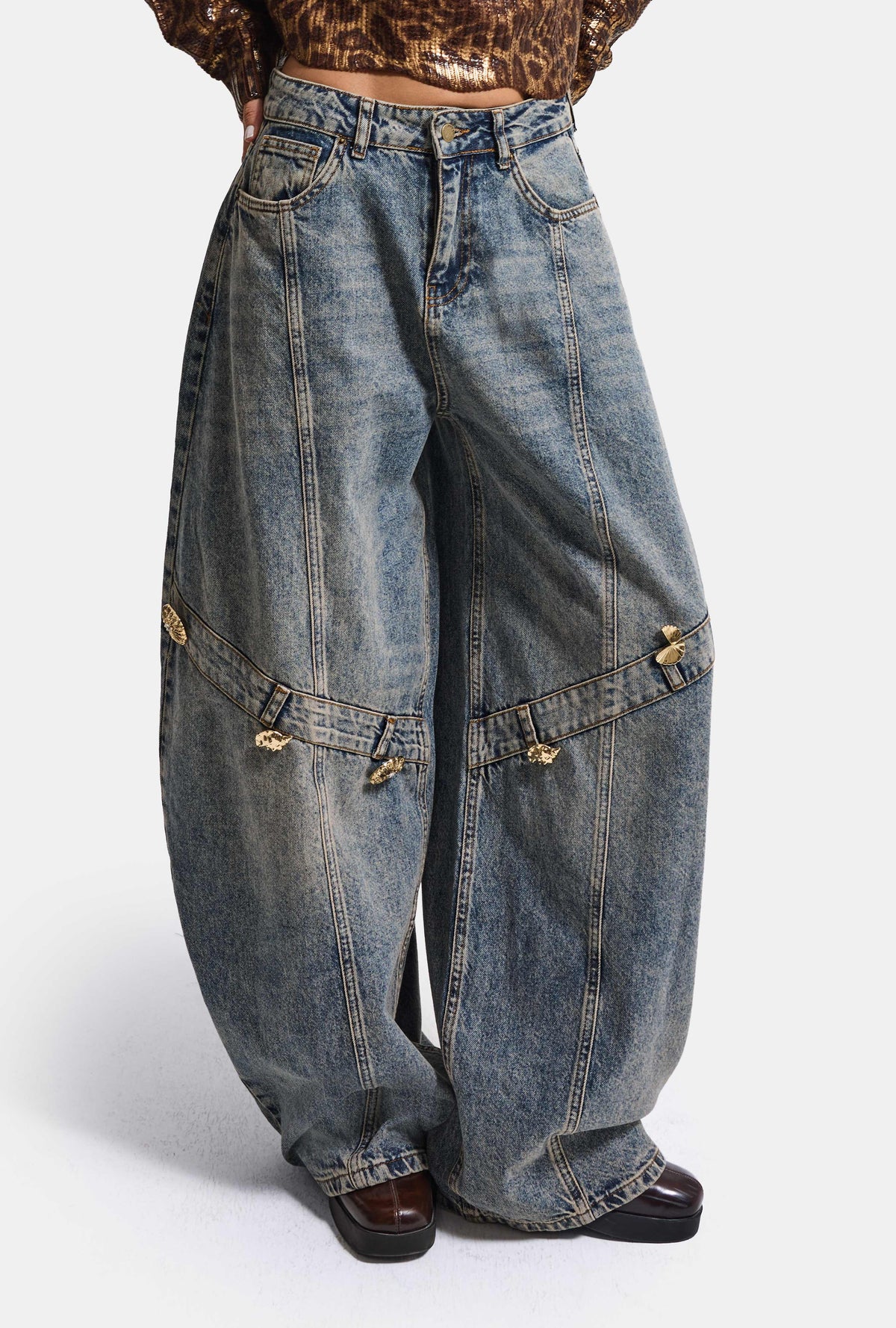 Kadın 4w6-32 Baggy Barrel Orta Bel Aksesuar Detaylı Tasarım Denim Jean