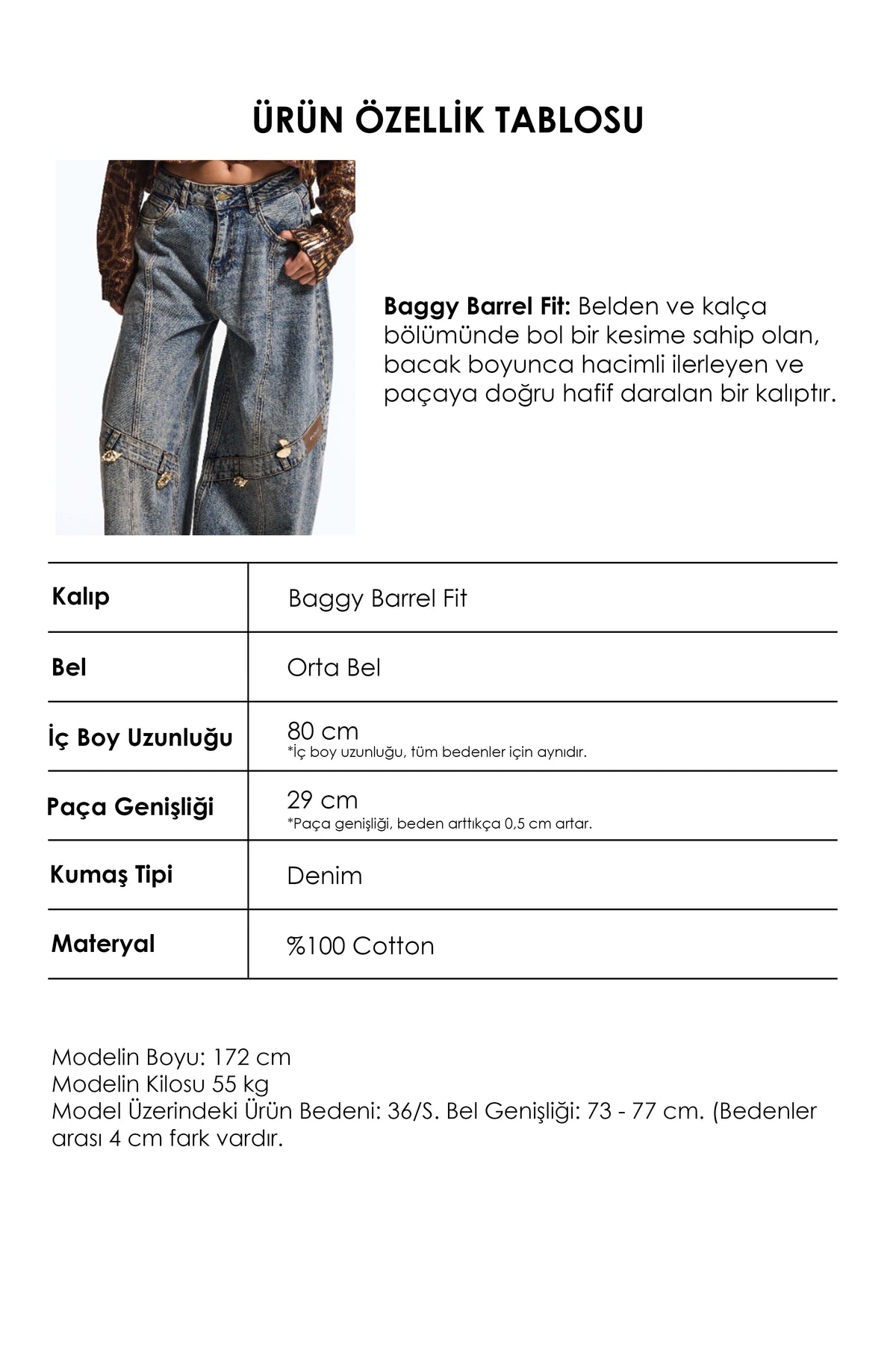 Kadın 4w6-32 Baggy Barrel Orta Bel Aksesuar Detaylı Tasarım Denim Jean