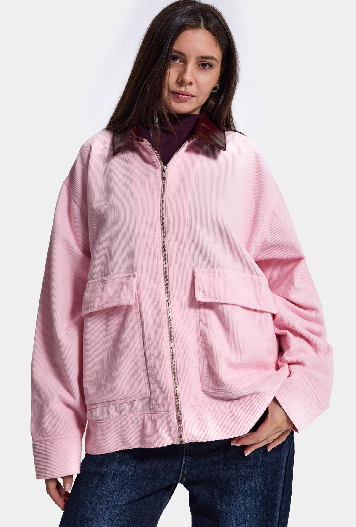 Kadın 6w6-98 Oversize Velvet Kadife Kumaş Deri Detaylı Tasarım Ceket