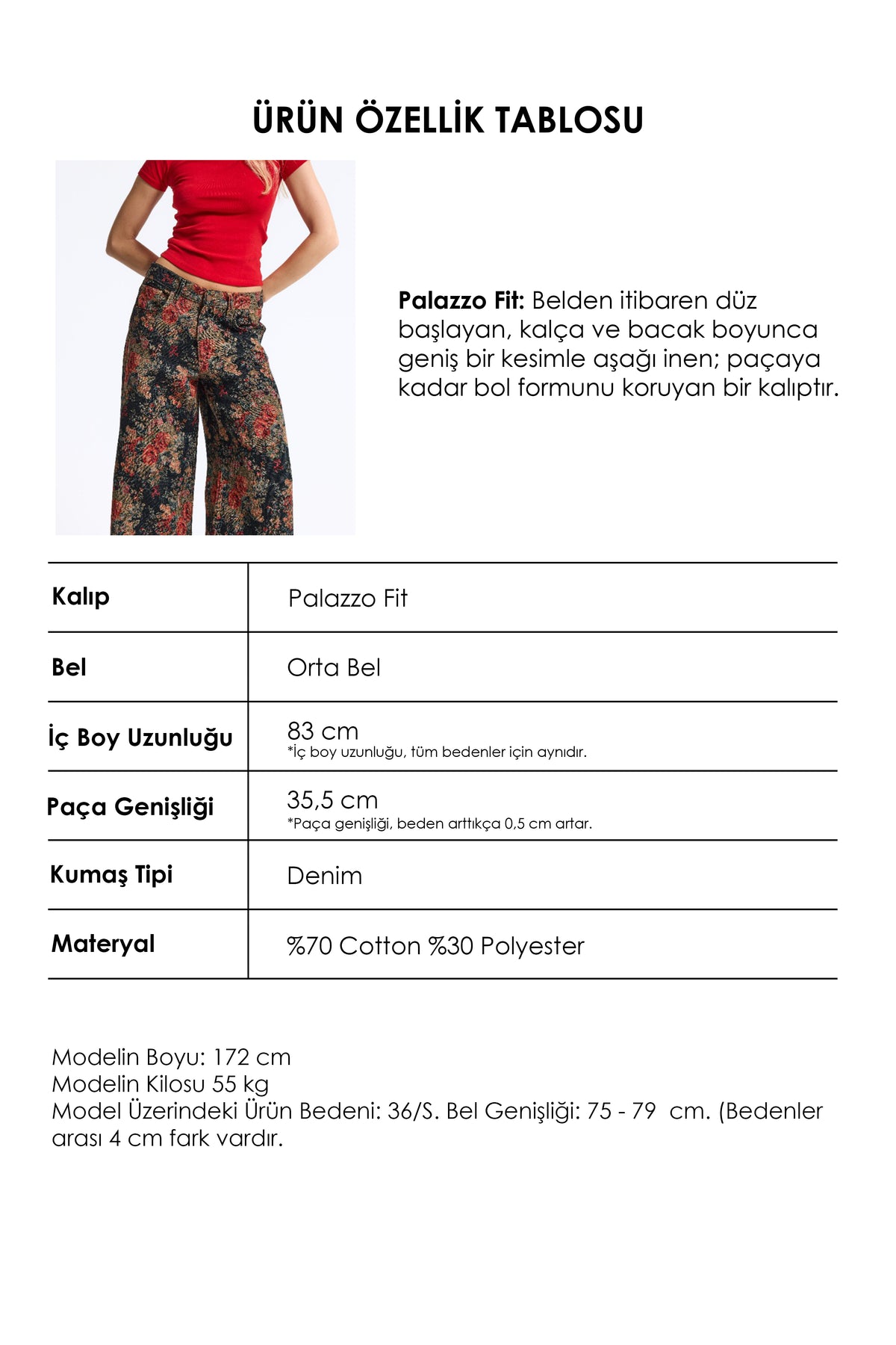 Kadın 7w6-13 Palazzo Fit Özel Çiçek Desen Tasarım Kumaş Denim Jean
