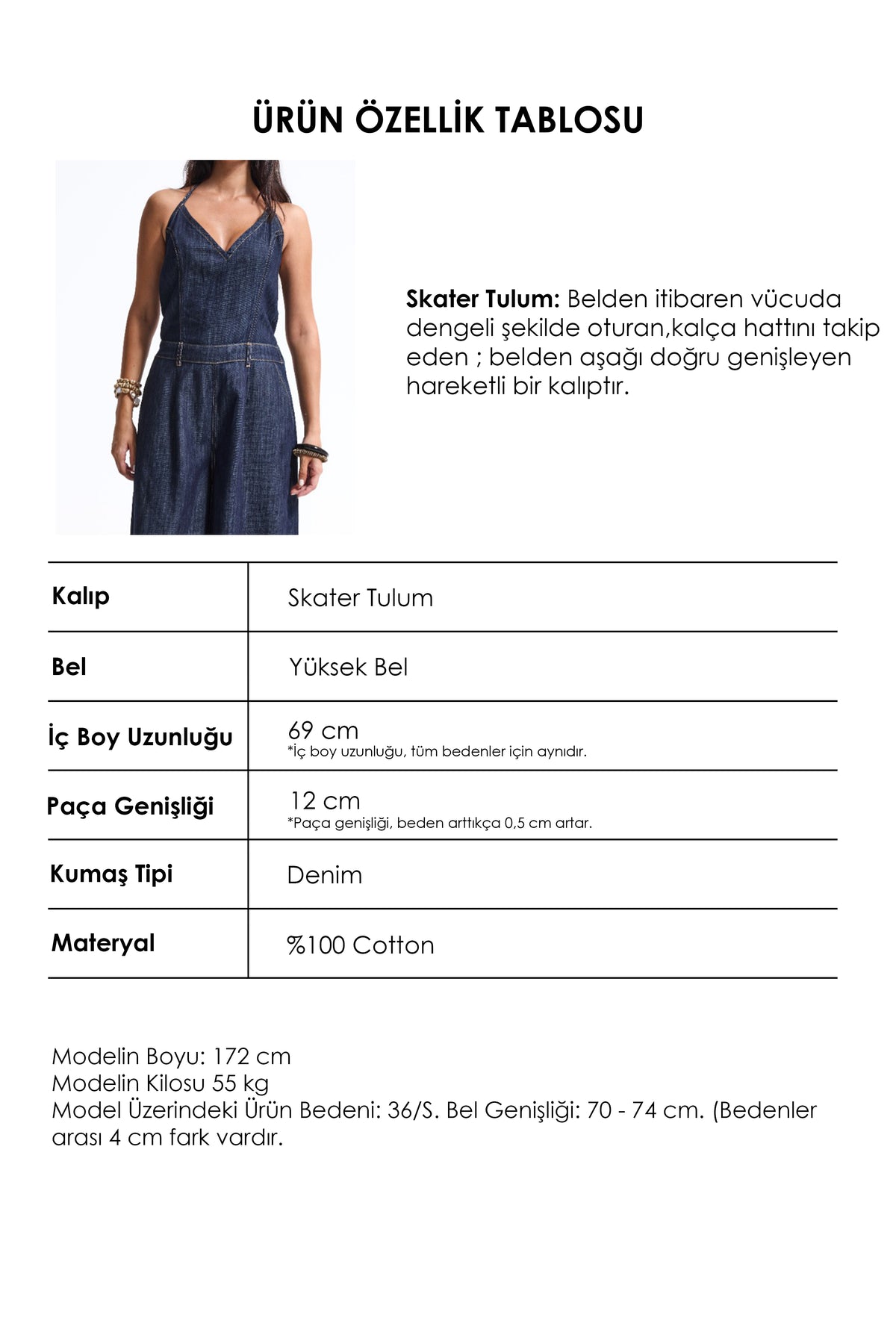 Kadın 7w6-50 Boyundan Askılı %100 Koton Denim Tulum