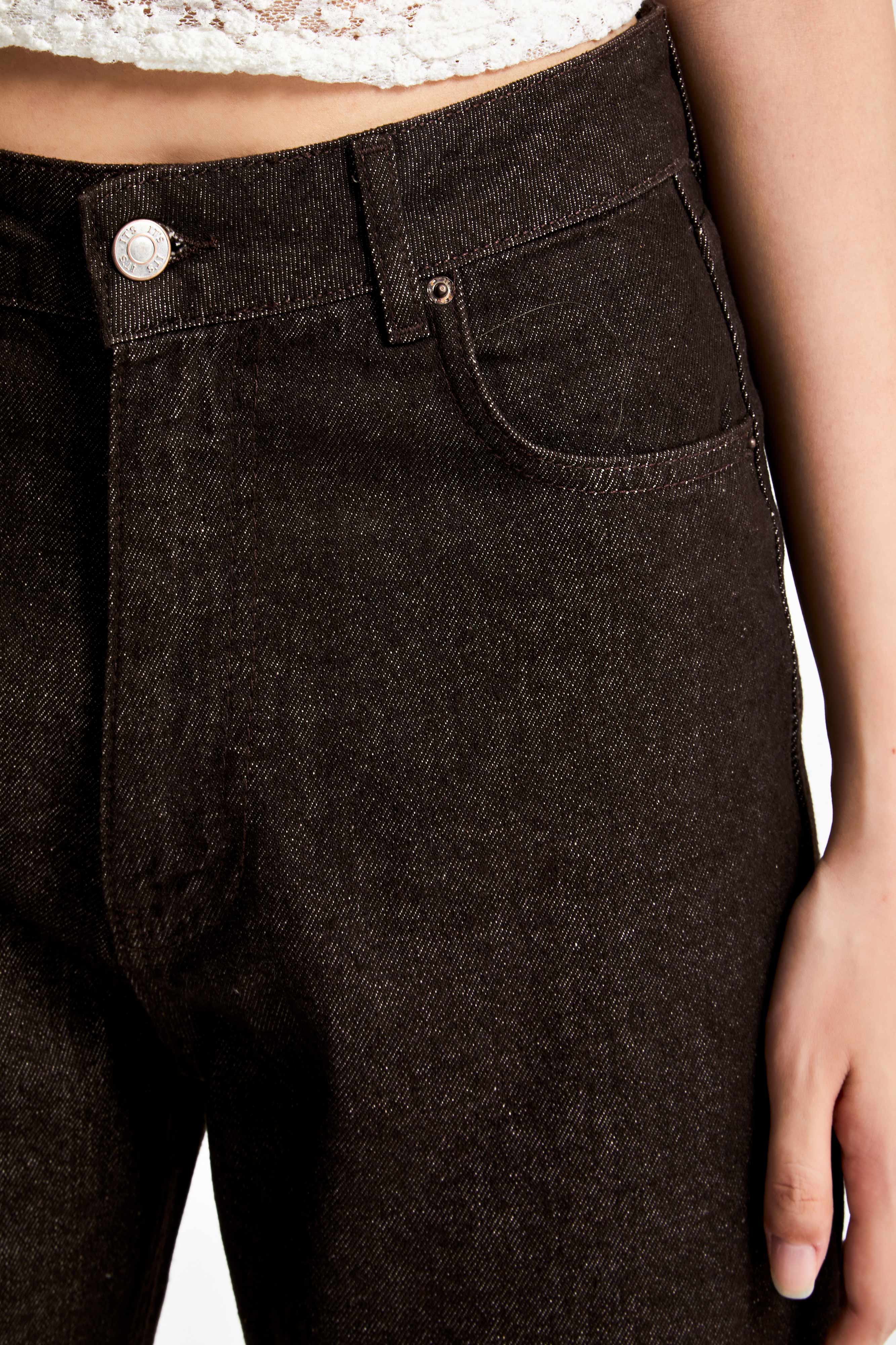 Kadın Acı Kahve Renk 7w5-16 Straight Fit Yüksek Bel Özel Parlak Kumaş %100 Koton Denim Jean