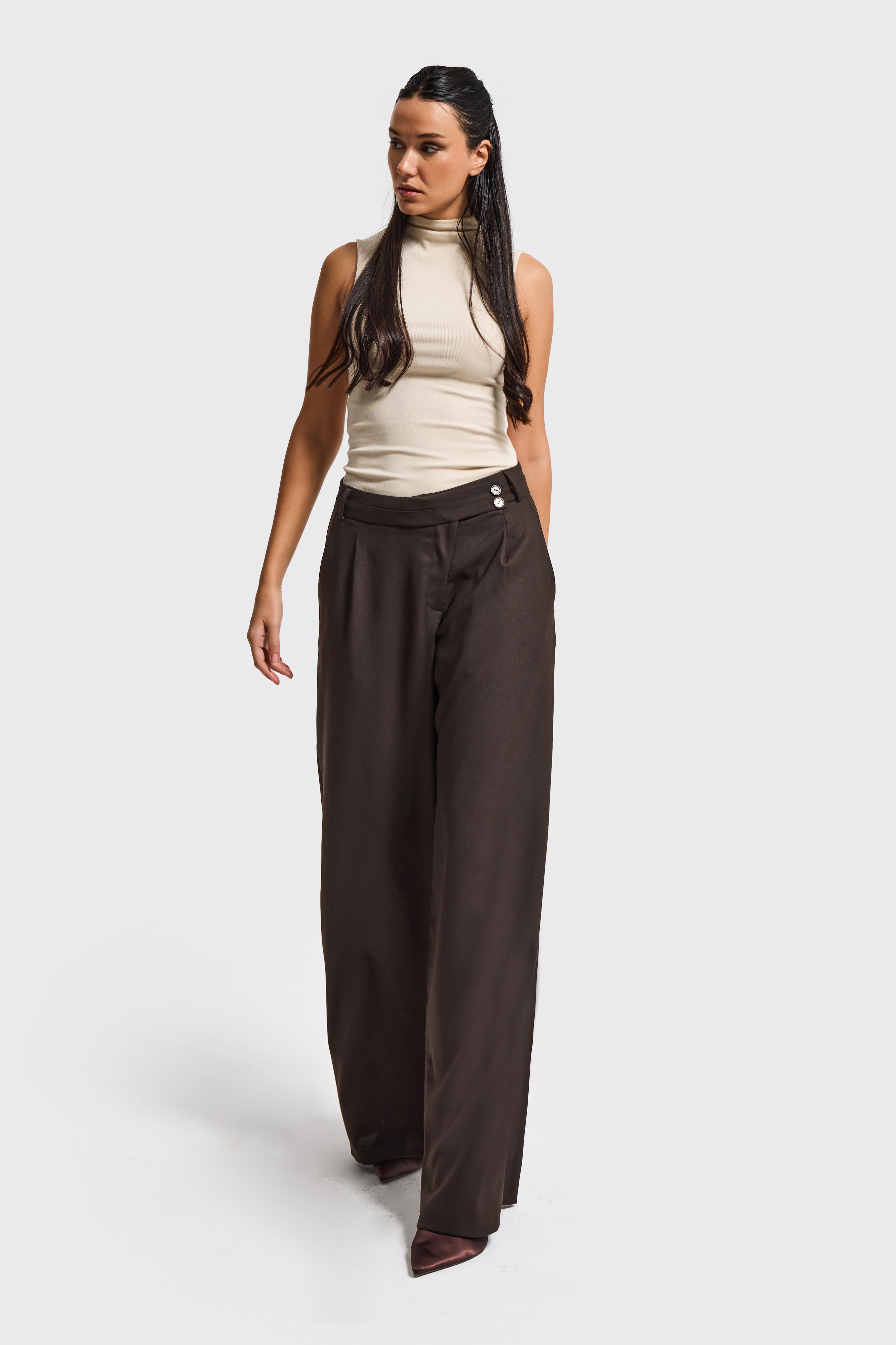 Kadın Acı Kahve s6-16 Neptun Kemer Detaylı Palazzo Fit Pileli Pantolon