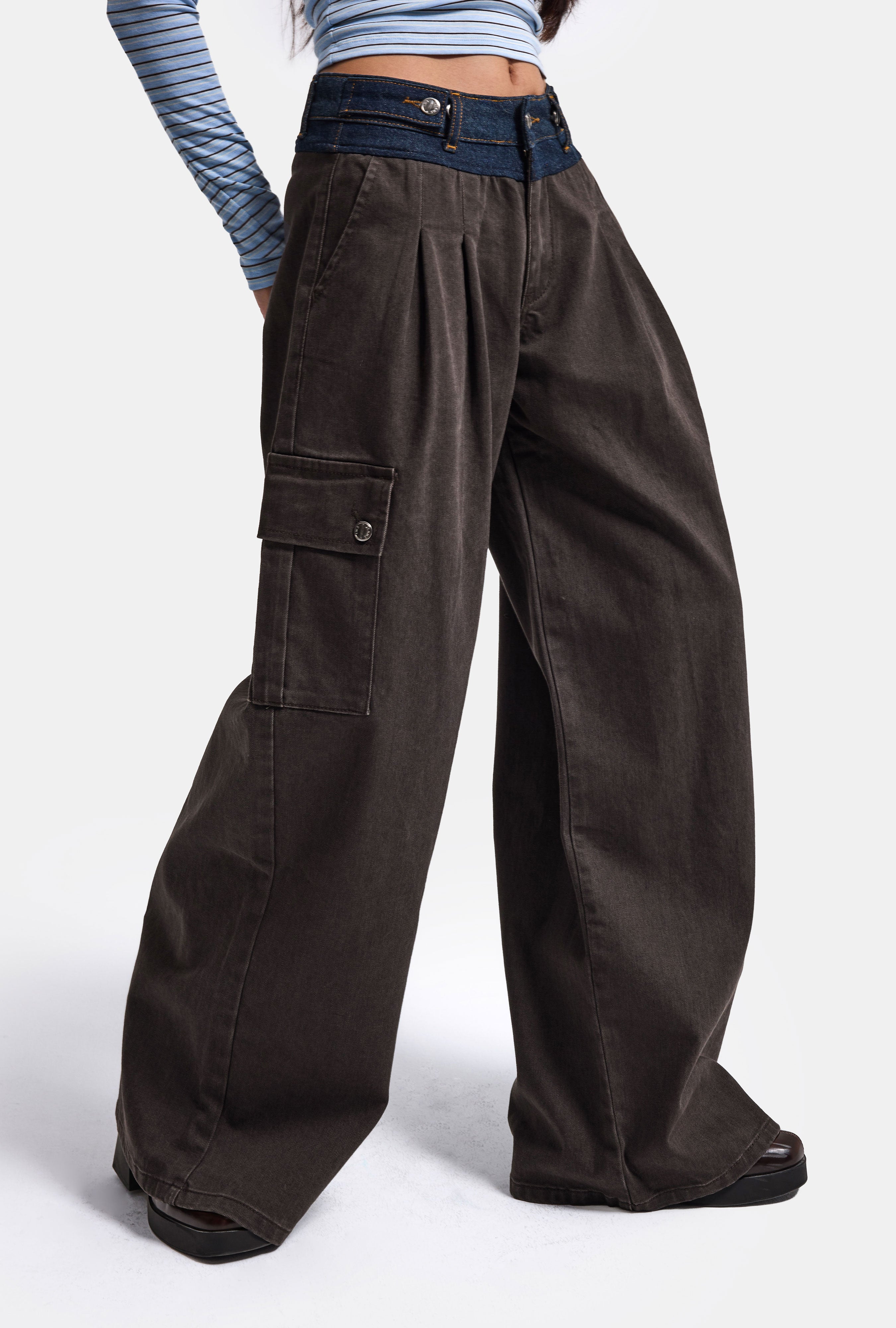 Kadın Acı Kahve Süper Palazzo Kot Kemer Detaylı Kargo Cep Özel Tasarım Denim Jean