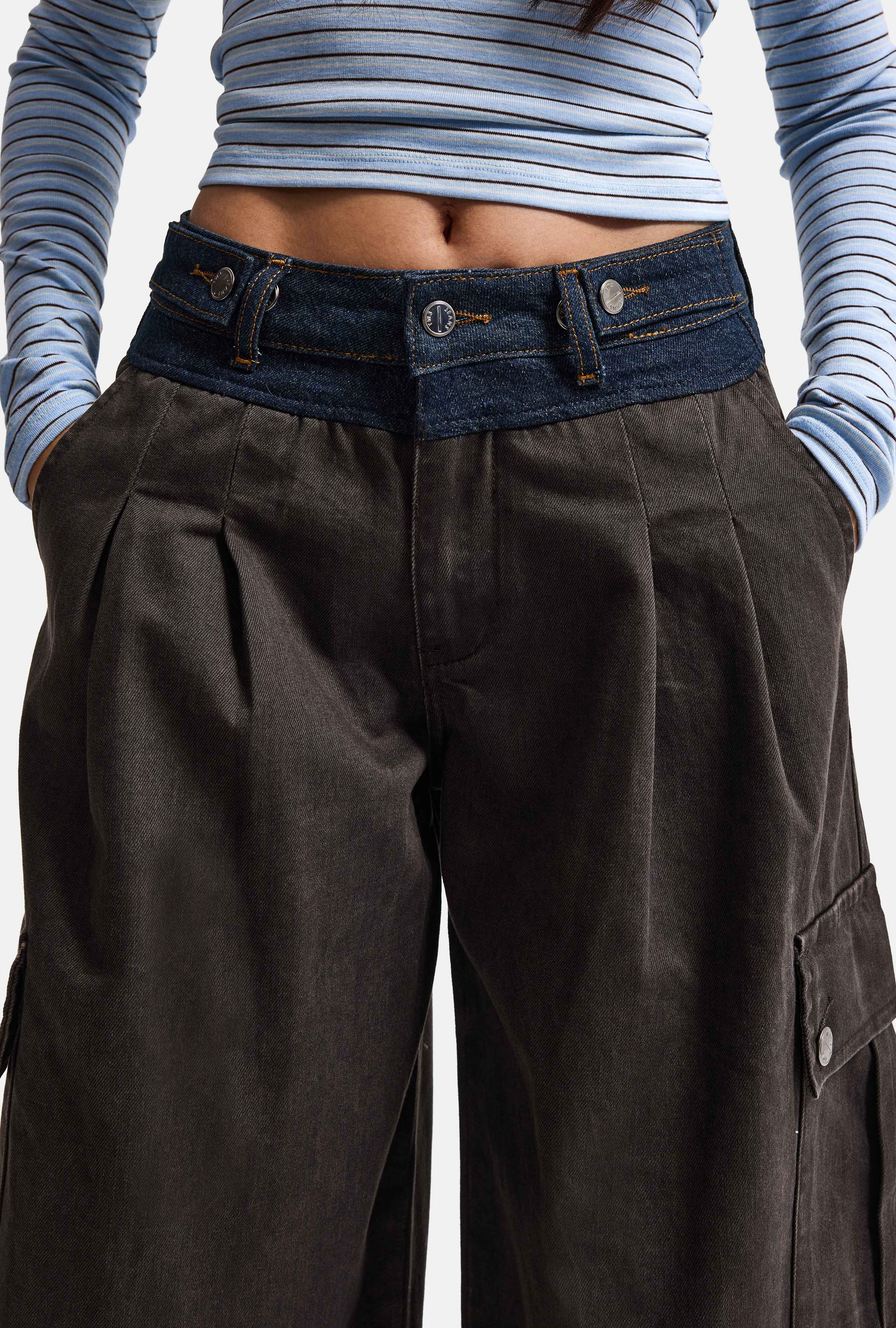 Kadın Acı Kahve Süper Palazzo Kot Kemer Detaylı Kargo Cep Özel Tasarım Denim Jean