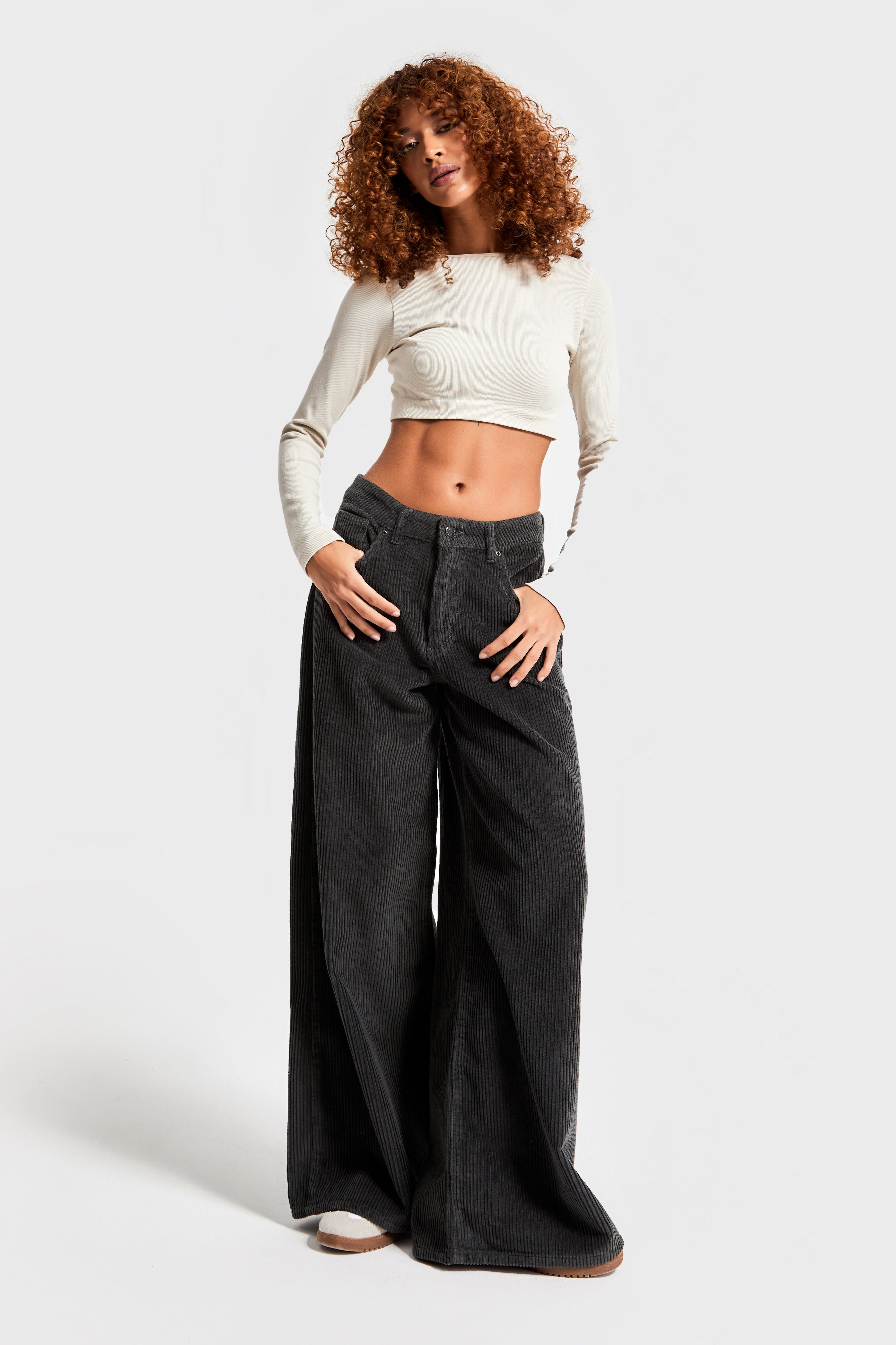 Kadın Antrasit Hera 26w414 Kalın Fitilli Kadife Kumaş Palazzo Fit Pantolon