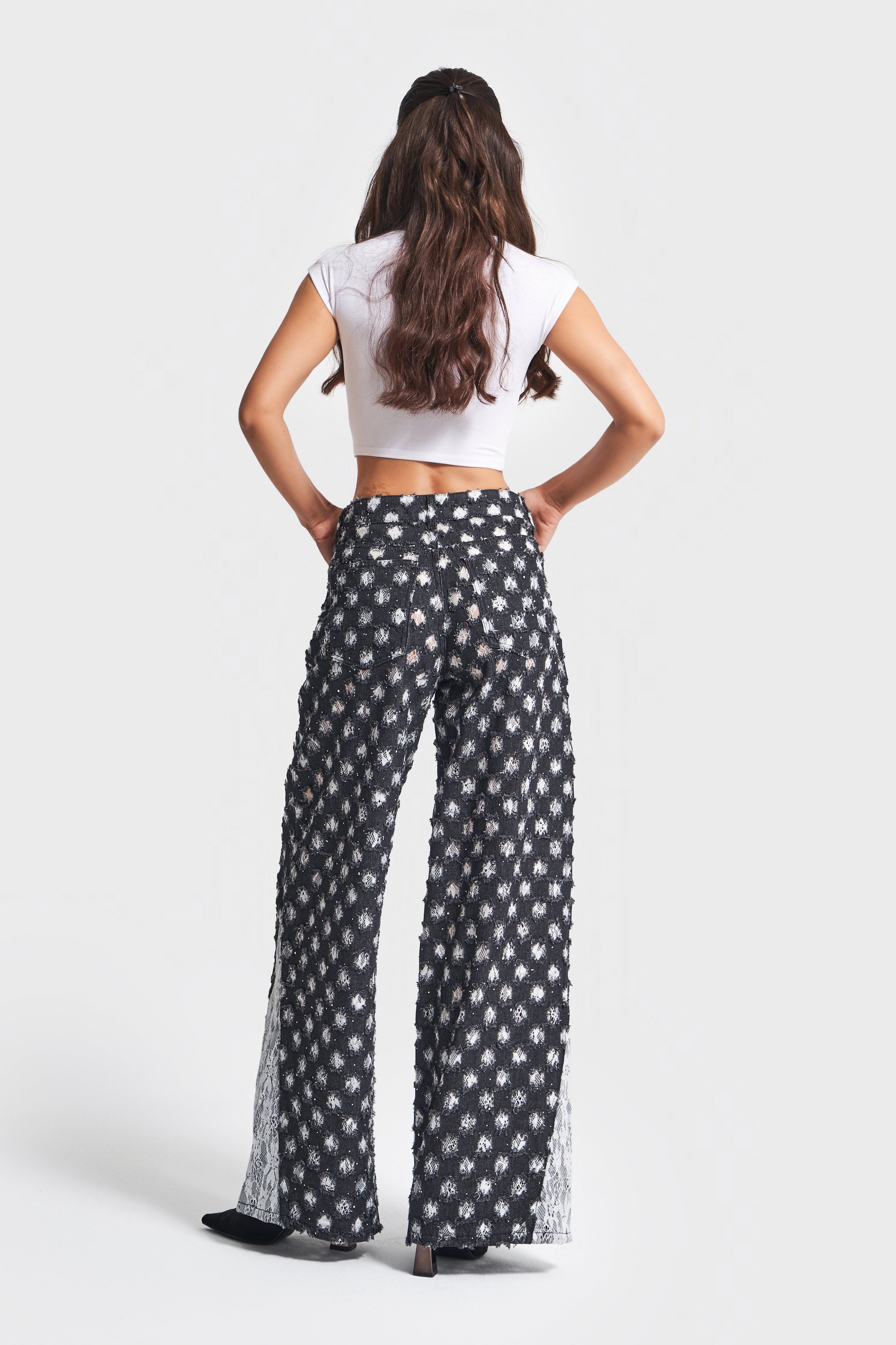 Kadın Antrasit Beyaz Renk 7w5-51 Palazzo Fit Dantel Detaylı Özel Kumaş Tasarım Denim Jean