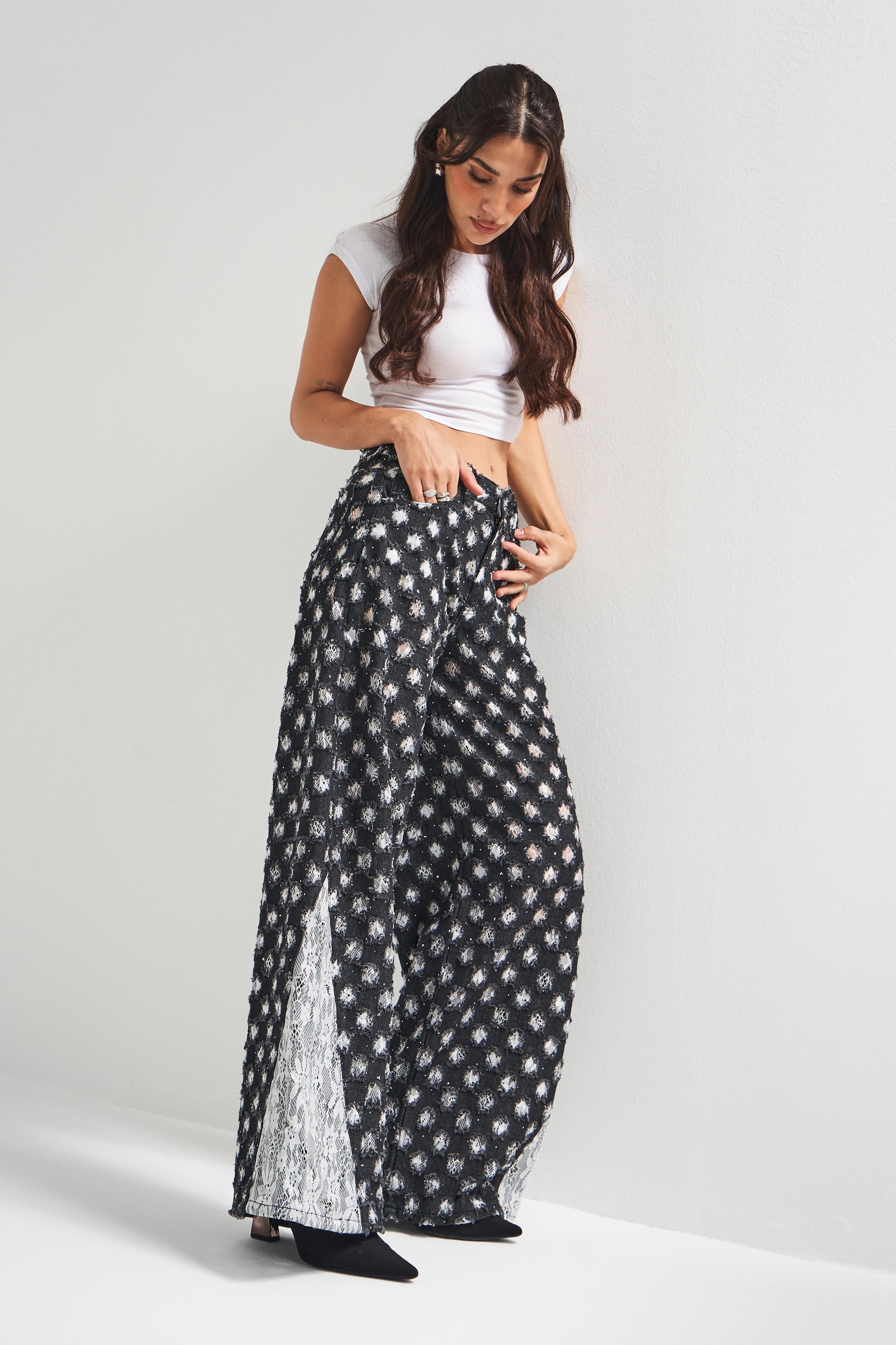 Kadın Antrasit Beyaz Renk 7w5-51 Palazzo Fit Dantel Detaylı Özel Kumaş Tasarım Denim Jean