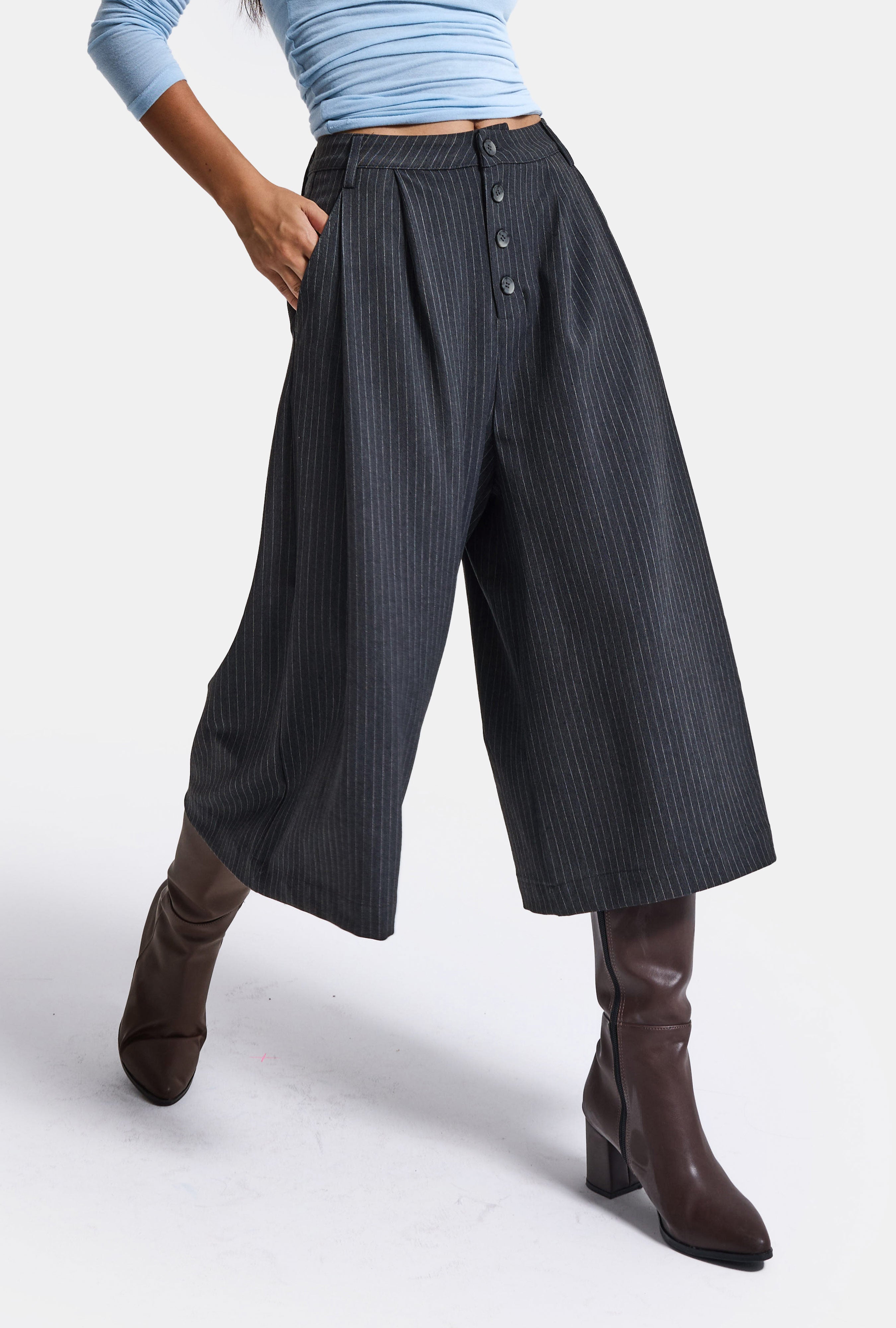 Kadın Antrasit Çizgili w6-45 Baggy Bermuda Şort Pantolon