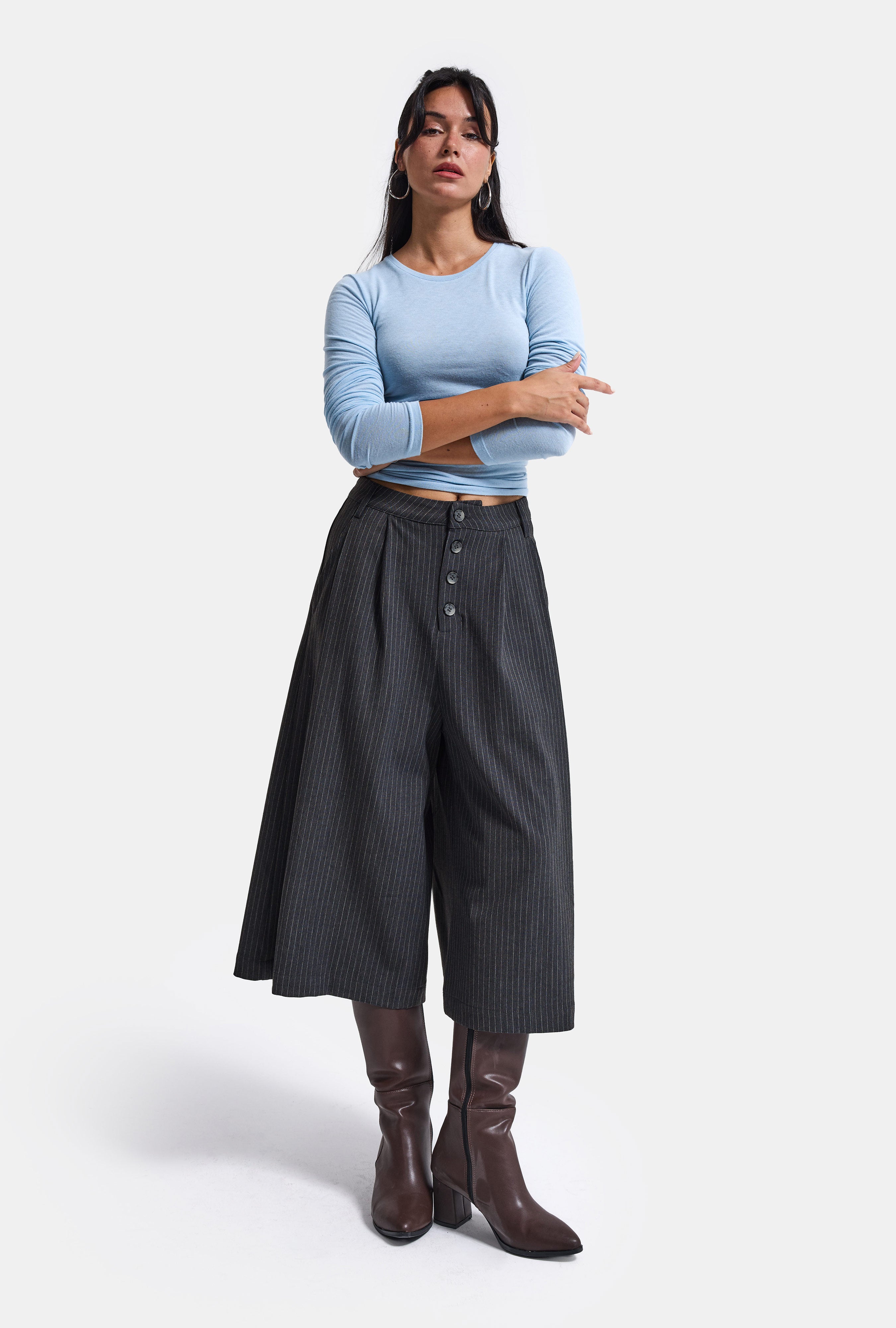 Kadın Antrasit Çizgili w6-45 Baggy Bermuda Şort Pantolon