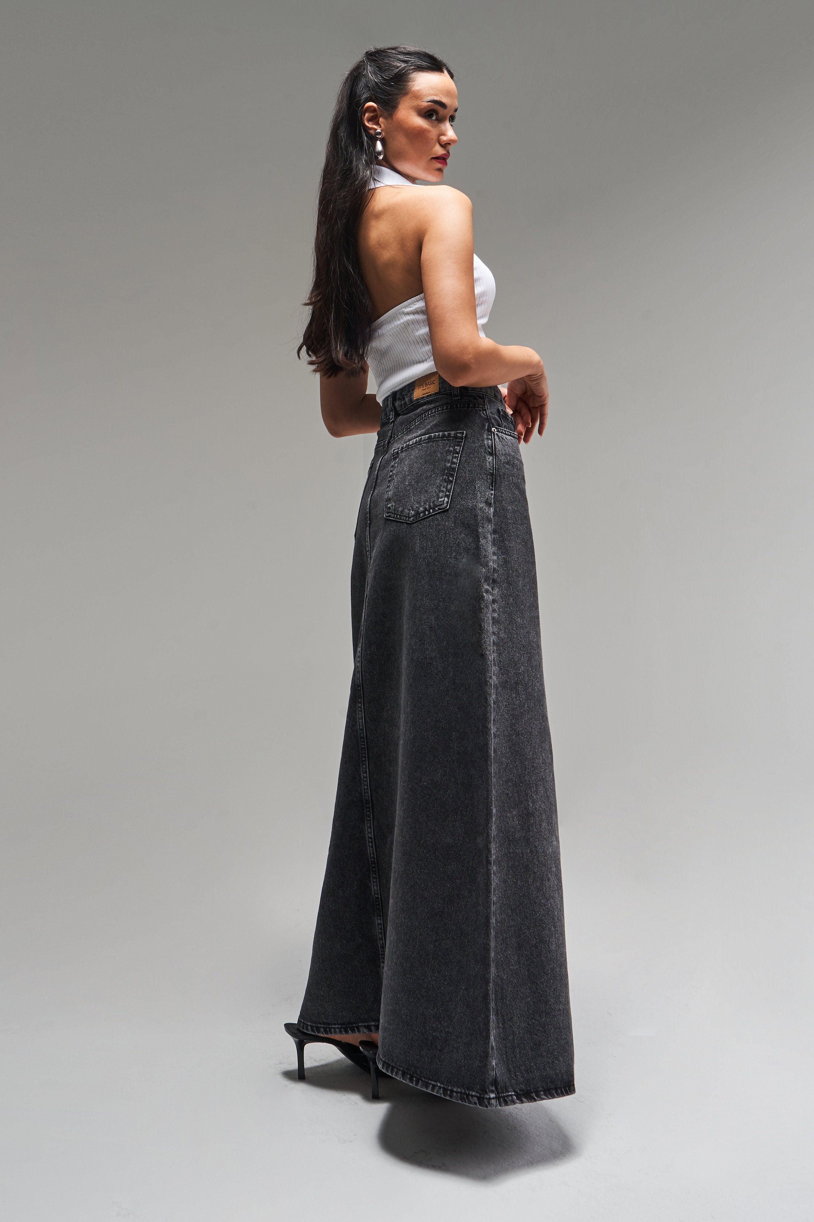 Женская джинсовая юбка антрацитового цвета 3S5-14, крой колокольчик, 100% хлопок, длина макси 100 см