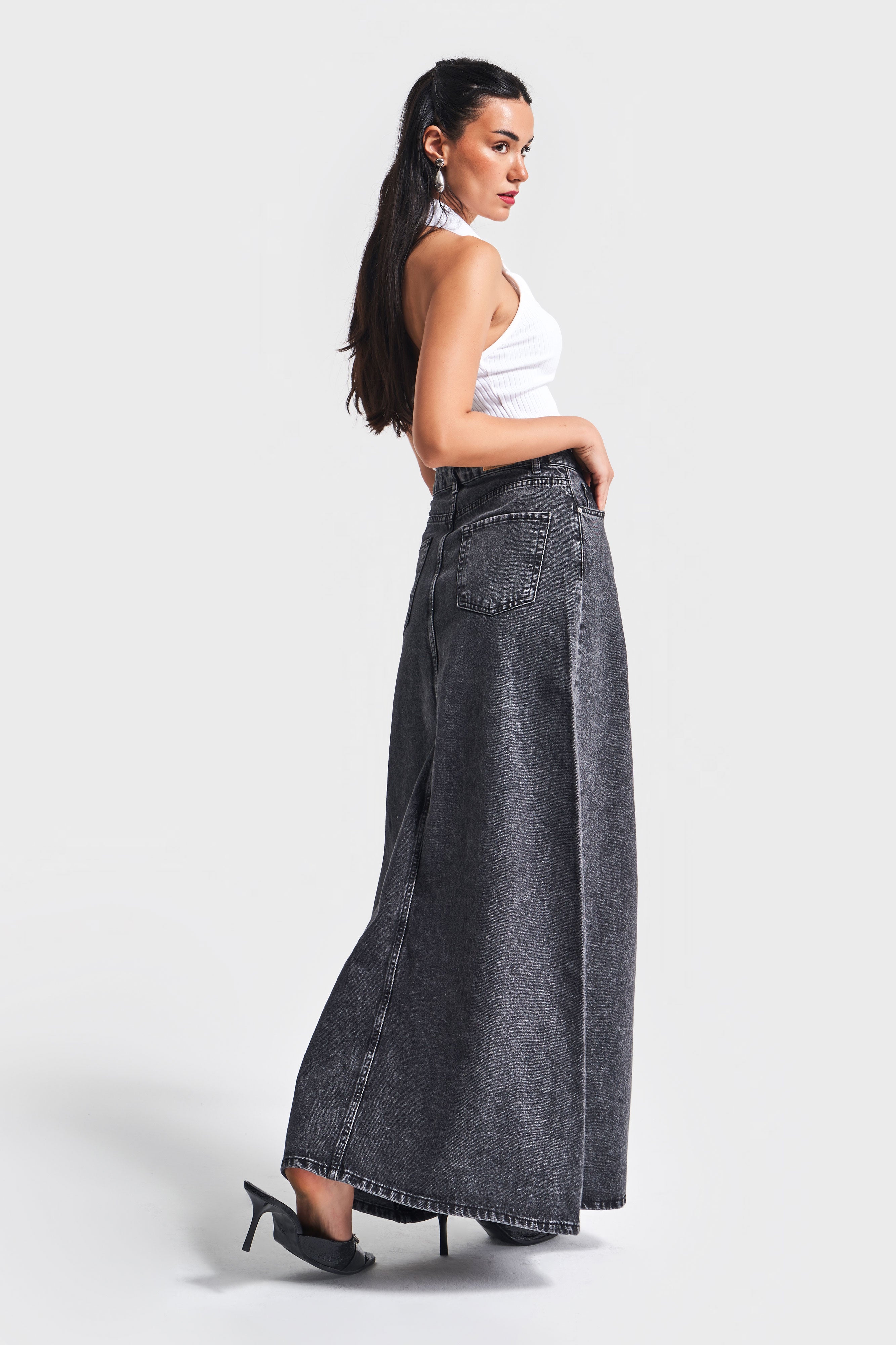 Женская джинсовая юбка антрацитового цвета 3S5-14, крой колокольчик, 100% хлопок, длина макси 100 см