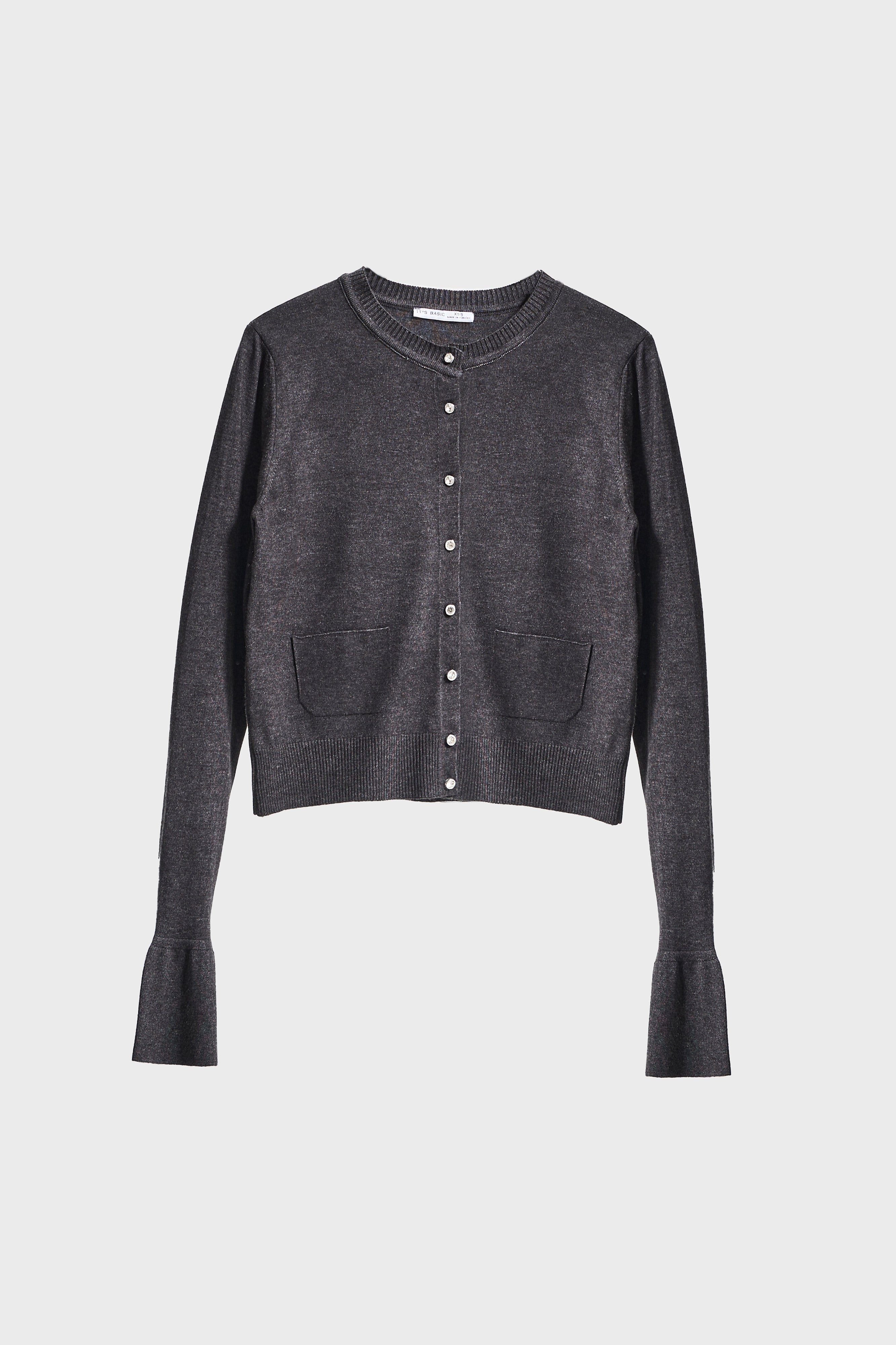 Kadın Antrasit Renk w5-45 Volanlı Kol Önü Cepli Düğmeli Viskon Karışımlı Triko Hırka