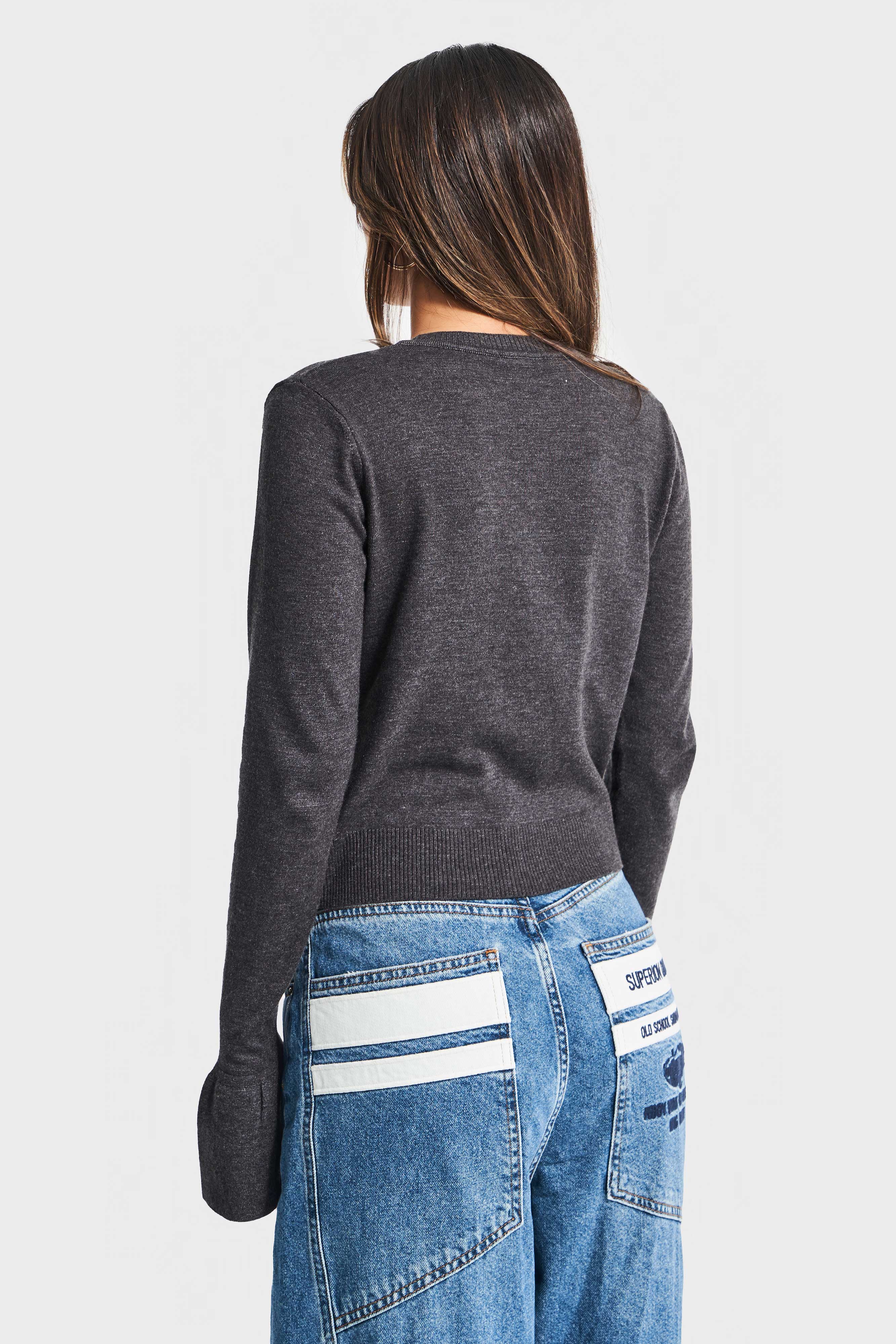 Kadın Antrasit Renk w5-45 Volanlı Kol Önü Cepli Düğmeli Viskon Karışımlı Triko Hırka