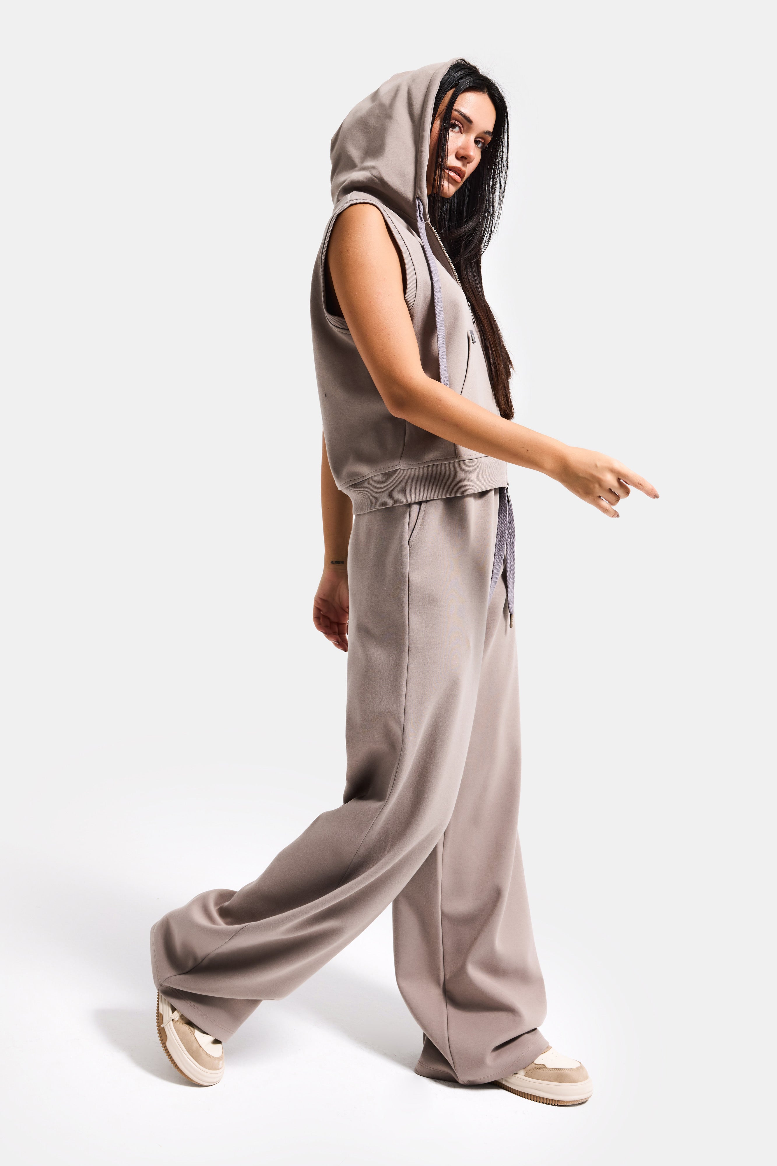 Kadın Antrasit s6-45 Alt Üst Kapüşonlu Yelek Yürüyüş Pantolonu 2'li Tasarım Takım