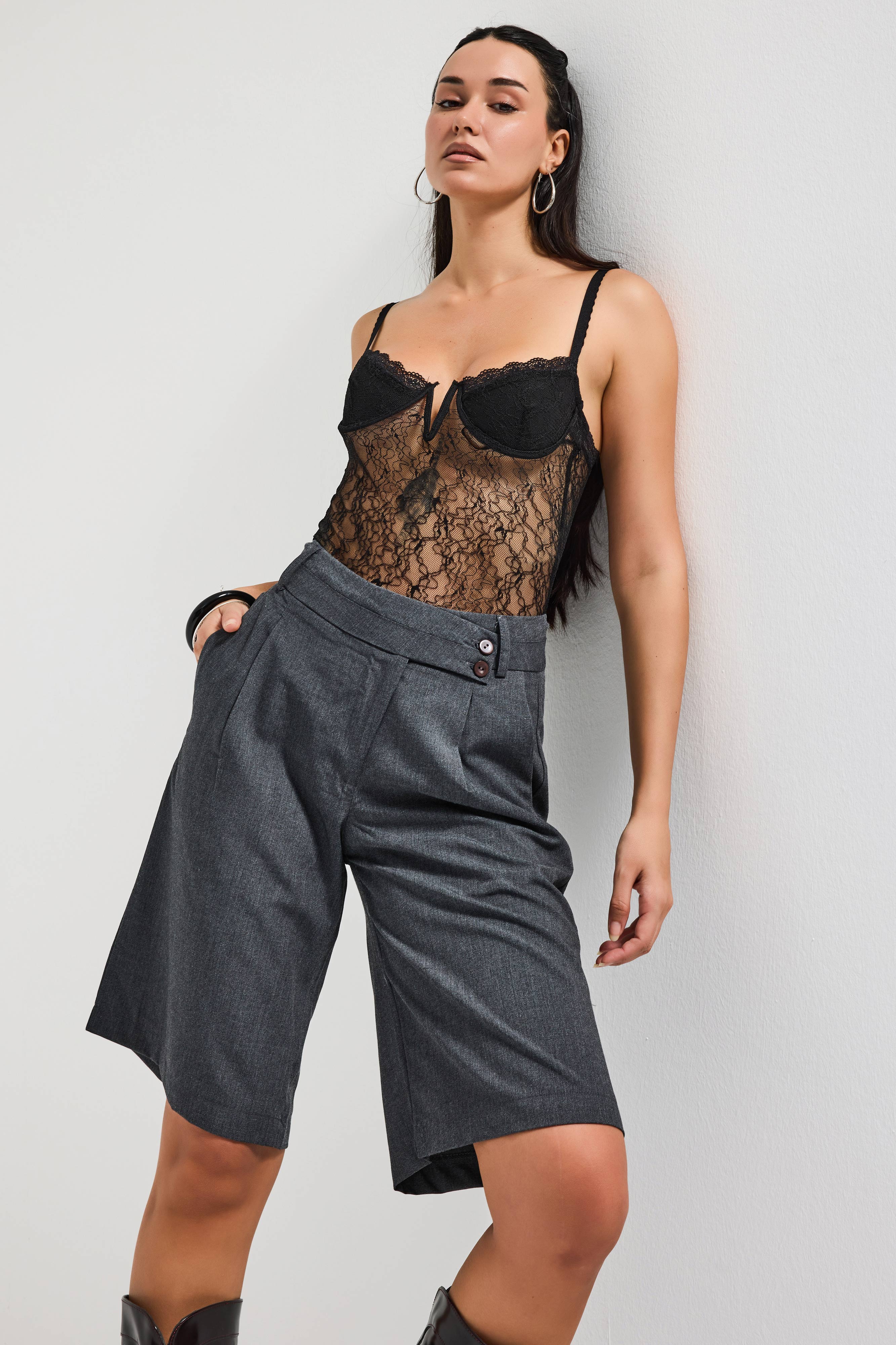 Kadın Antrasit s6 Baggy Fit Maxi Boy Bermuda Şort