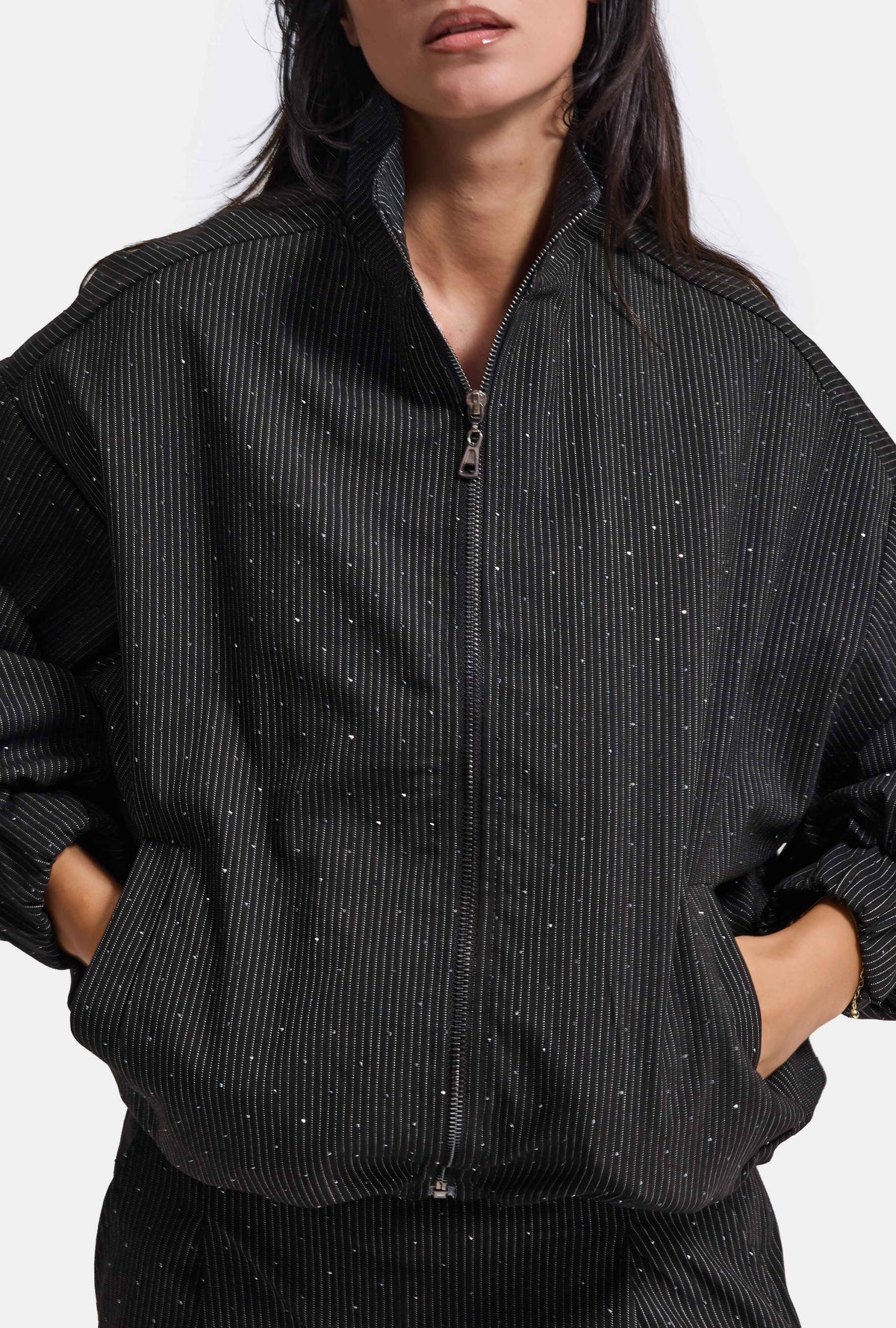 Kadın Antrasit w6-1 Oversize Parlak Taş Tasarım Bomber Ceket