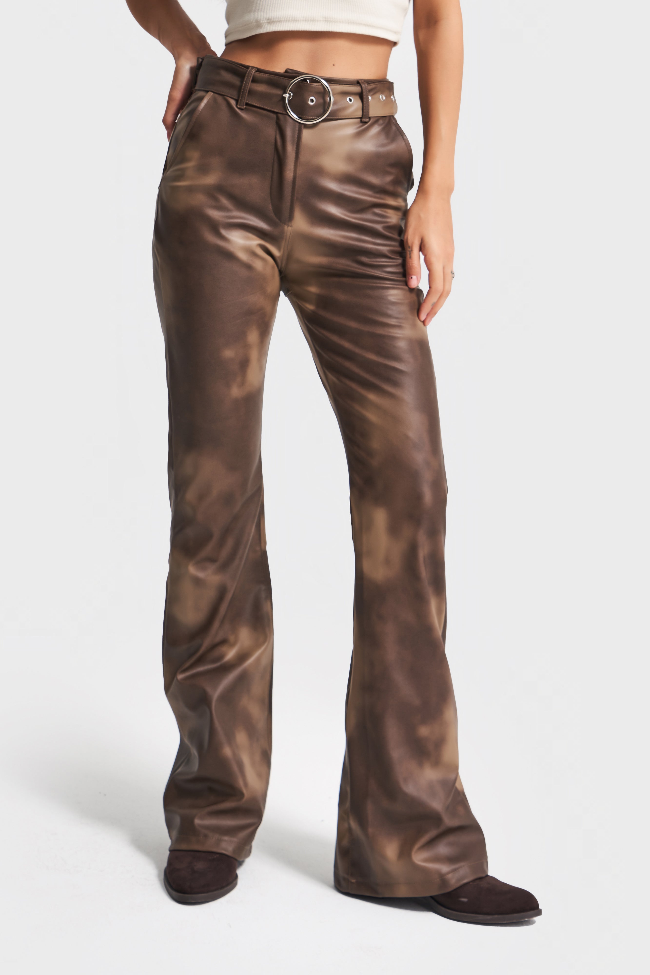 Kadın Batik Renk w5-16 Flare Fit Özel Renk Tasarım Deri Pantolon