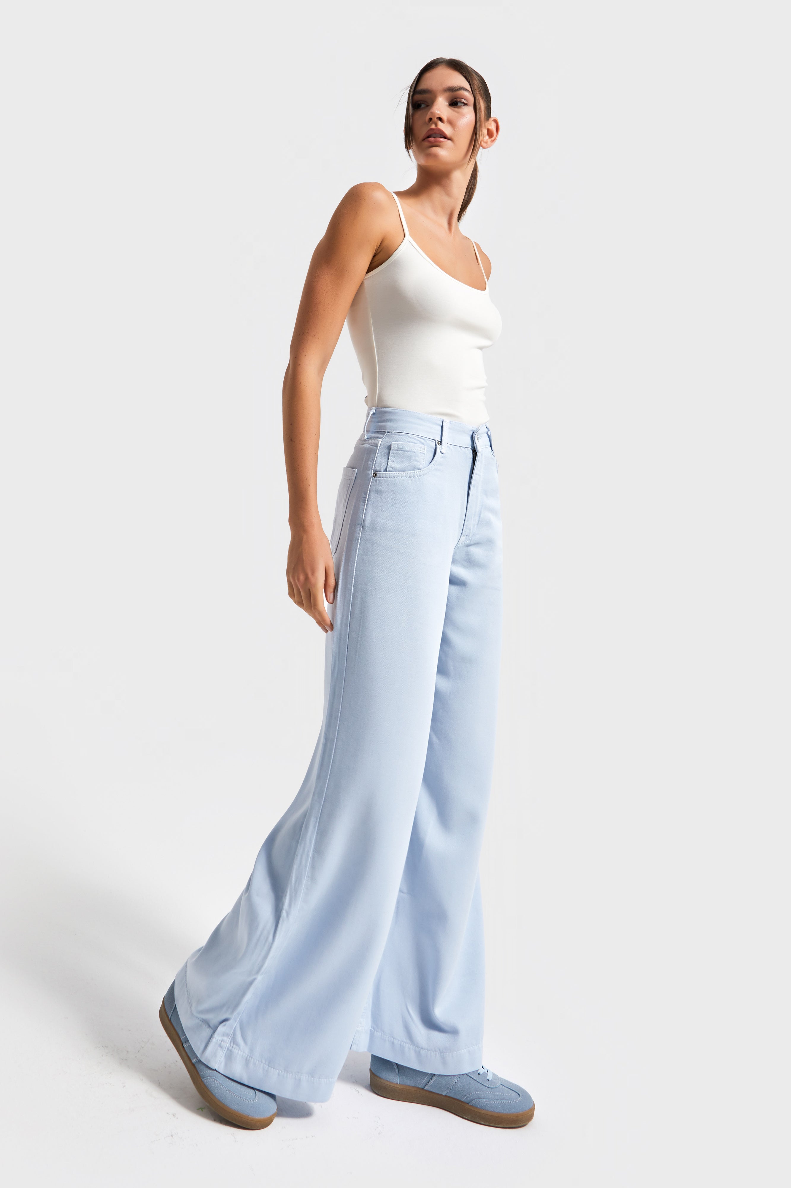 Kadın Bebe Mavisi Renk 6s5-103 Wide Leg Flare Fit Organik Pamuk Viskon Kumaş Pantolon